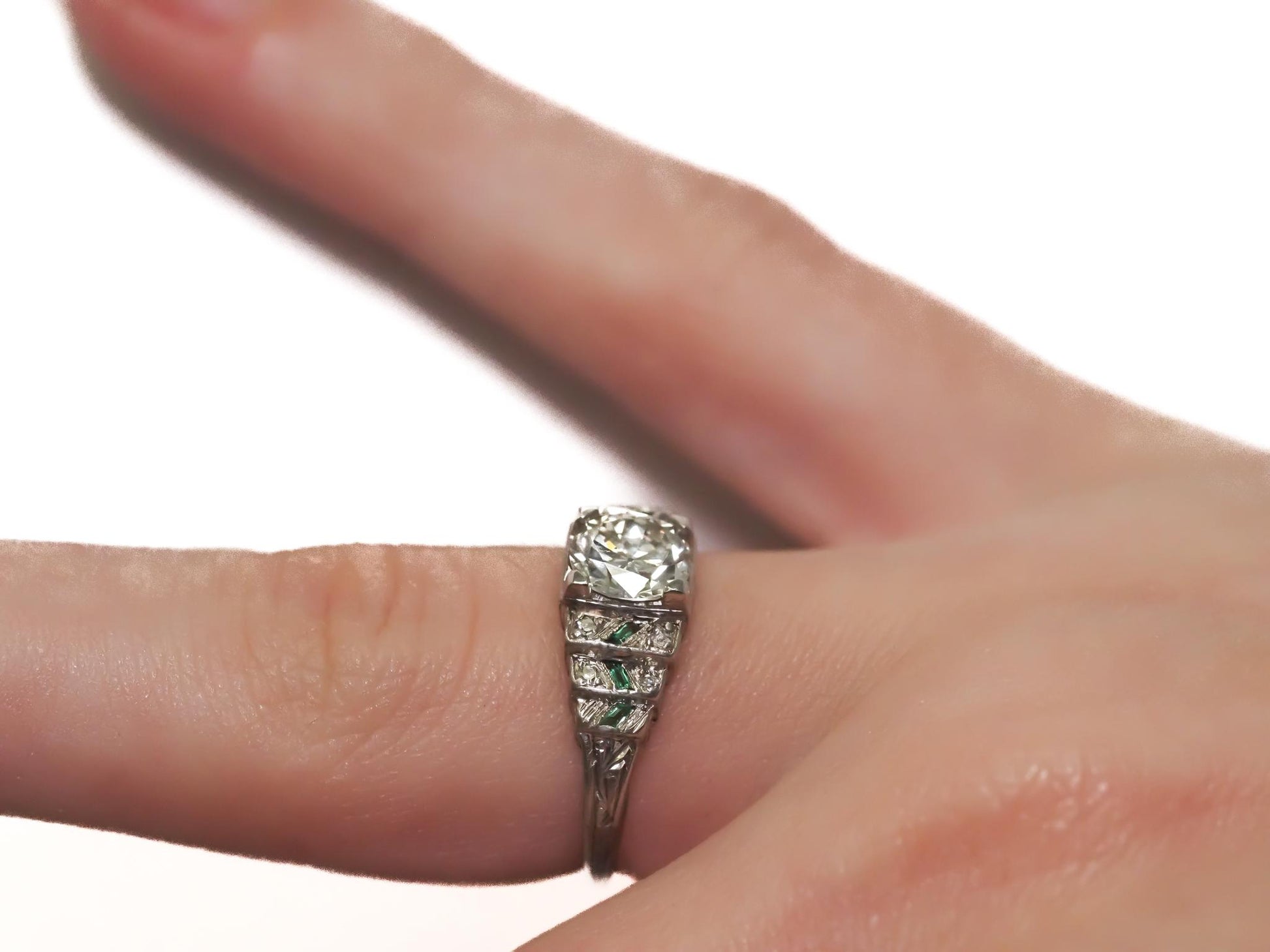 1920s Art Deco GIA 1.04ct Old European Diamond and Emerald Engagement Ring -