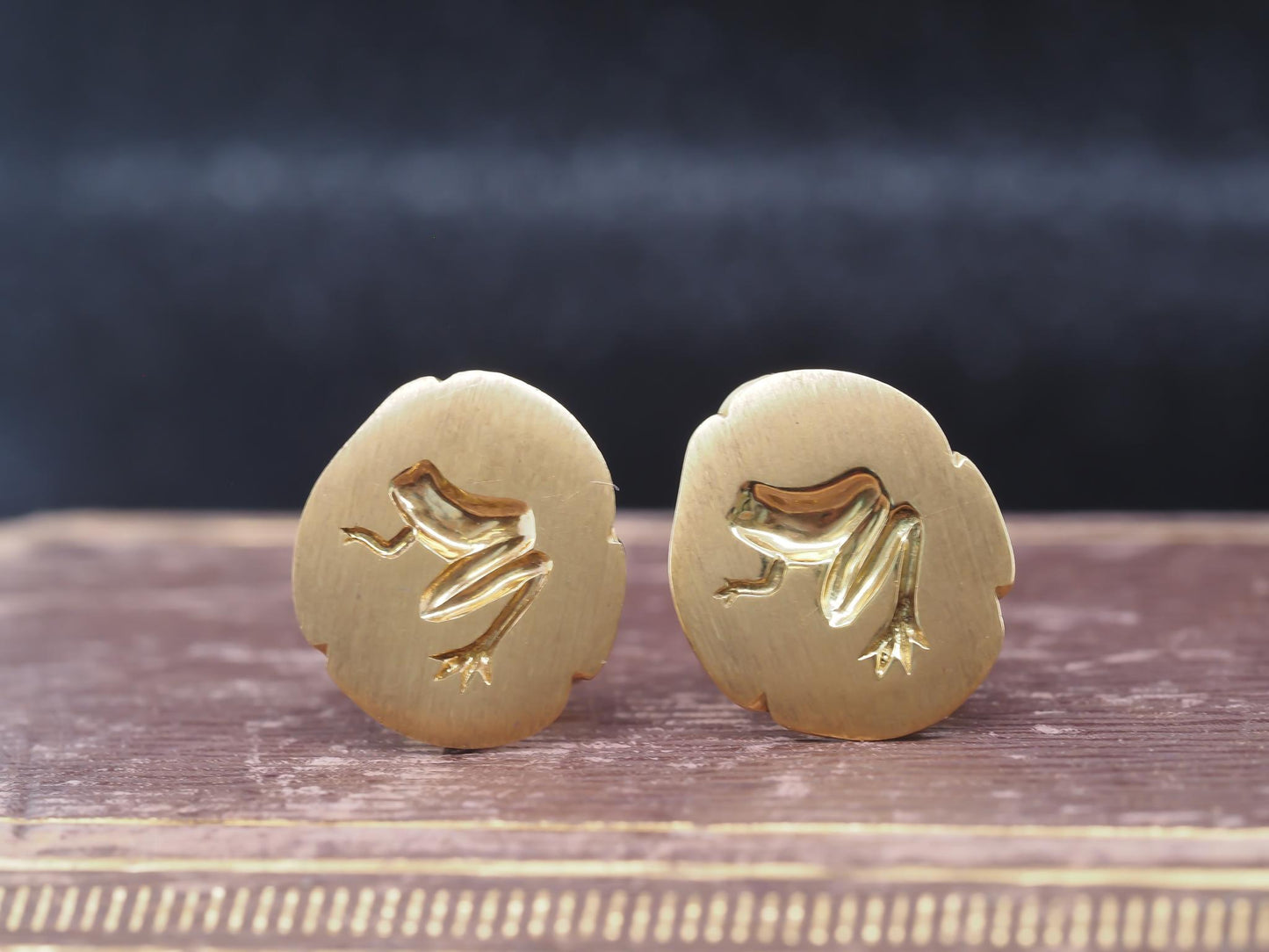 Estate Tiffany & Co. 18K Yellow Gold Frog on Lilly Pad Earrings - VHK#987