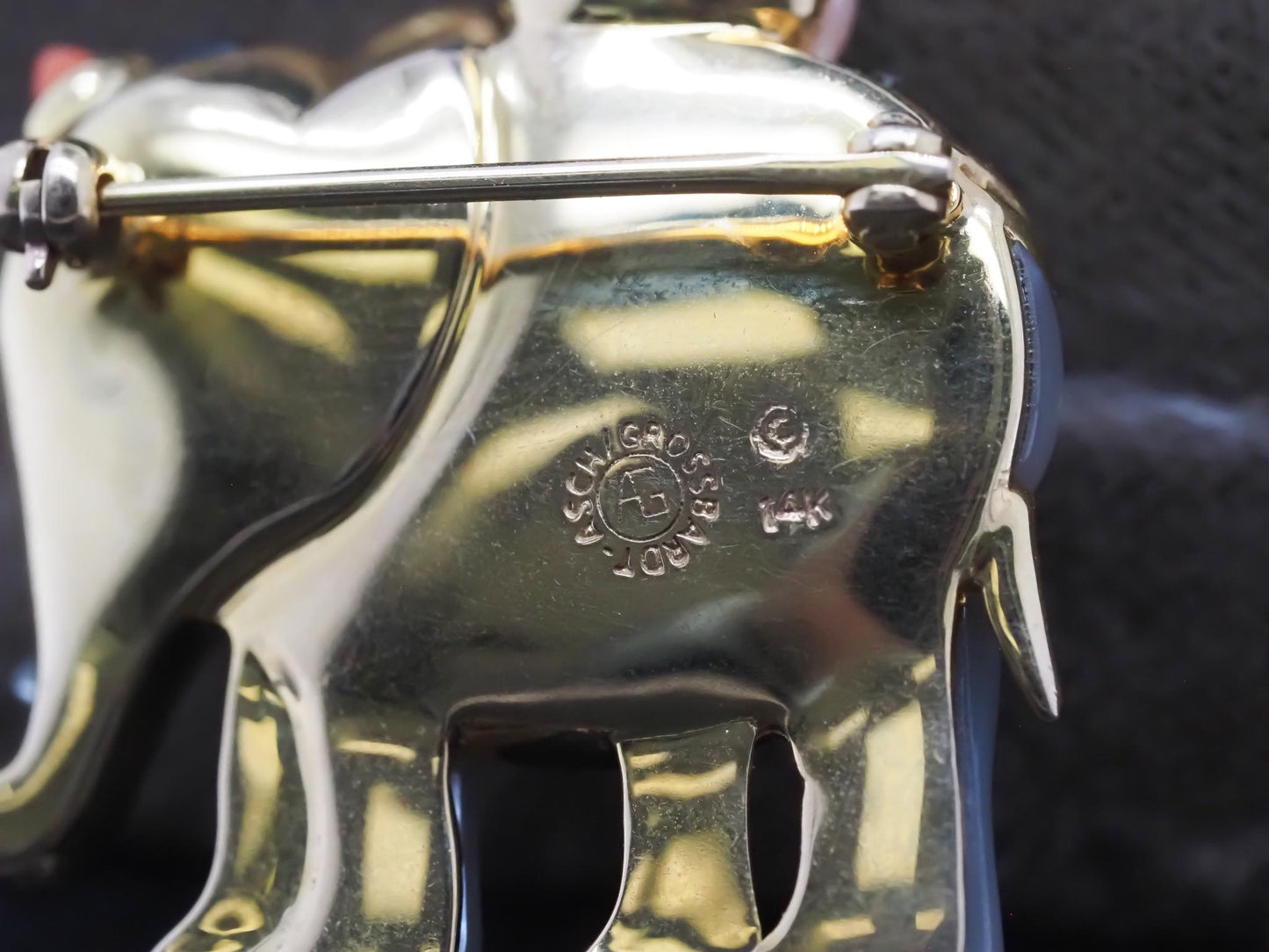 Asch Grossbardt Elephant Brooch w Mother of Pearl Malachite Coral Diamond Onyx