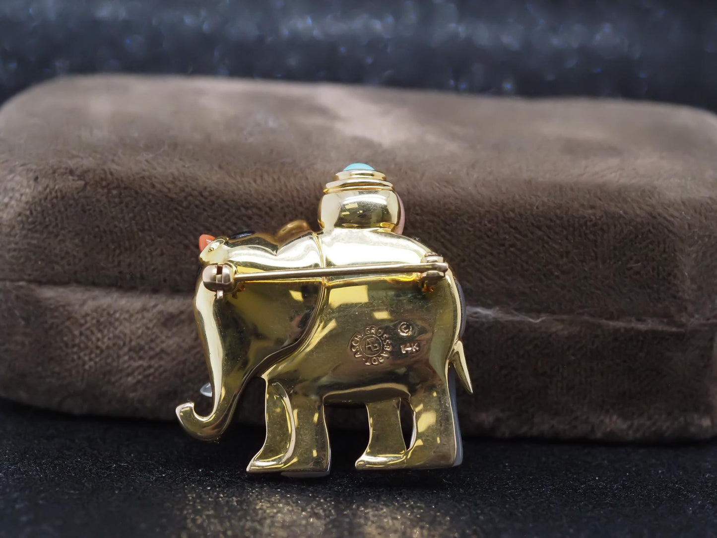 Asch Grossbardt Elephant Brooch w Mother of Pearl Malachite Coral Diamond Onyx