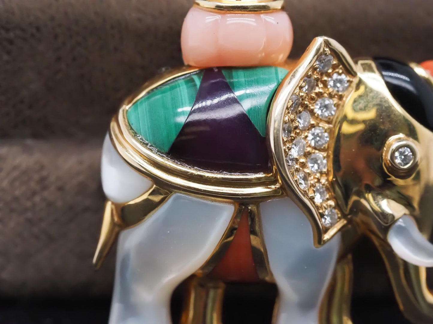 Asch Grossbardt Elephant Brooch w Mother of Pearl Malachite Coral Diamond Onyx