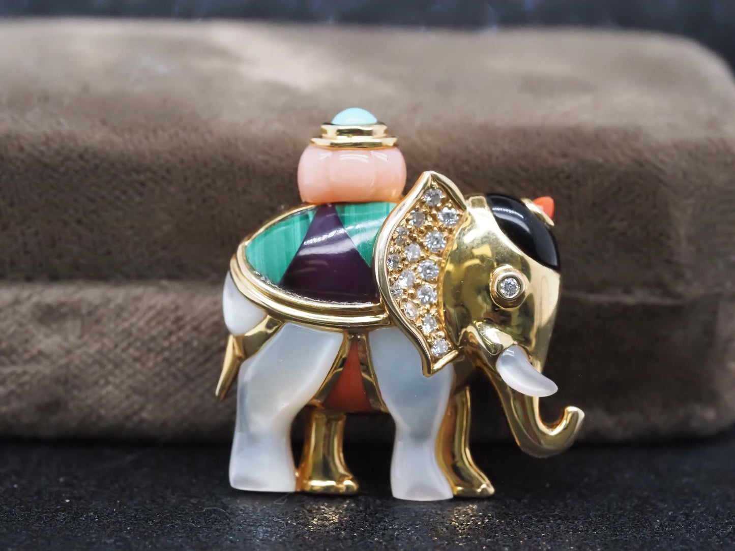 Asch Grossbardt Elephant Brooch w Mother of Pearl Malachite Coral Diamond Onyx