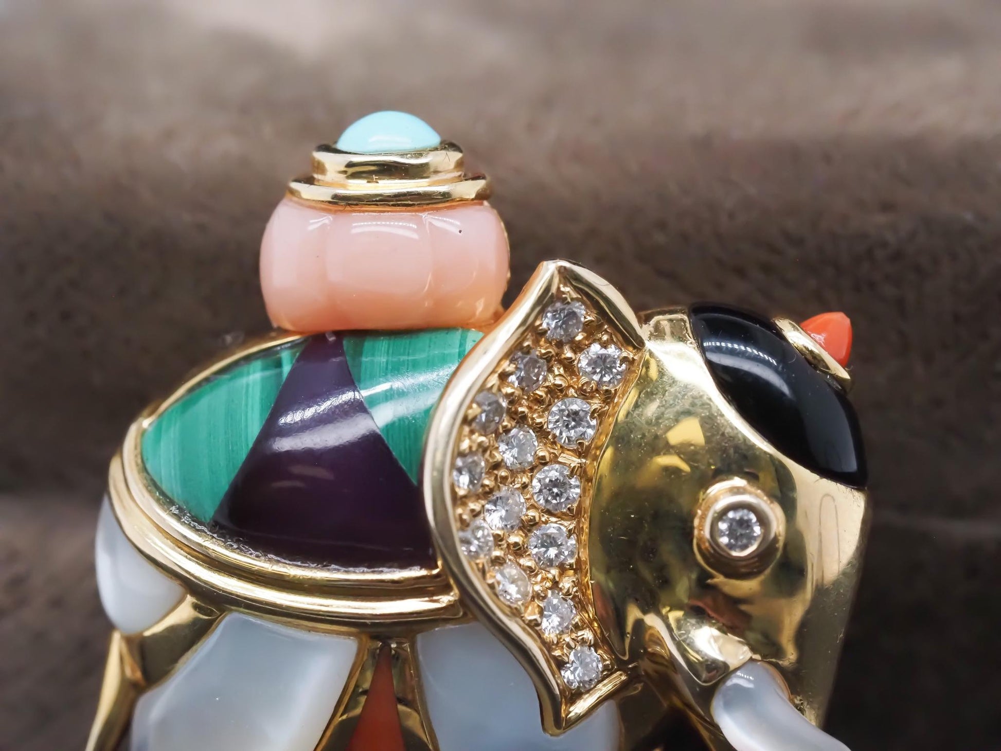 Asch Grossbardt Elephant Brooch w Mother of Pearl Malachite Coral Diamond Onyx