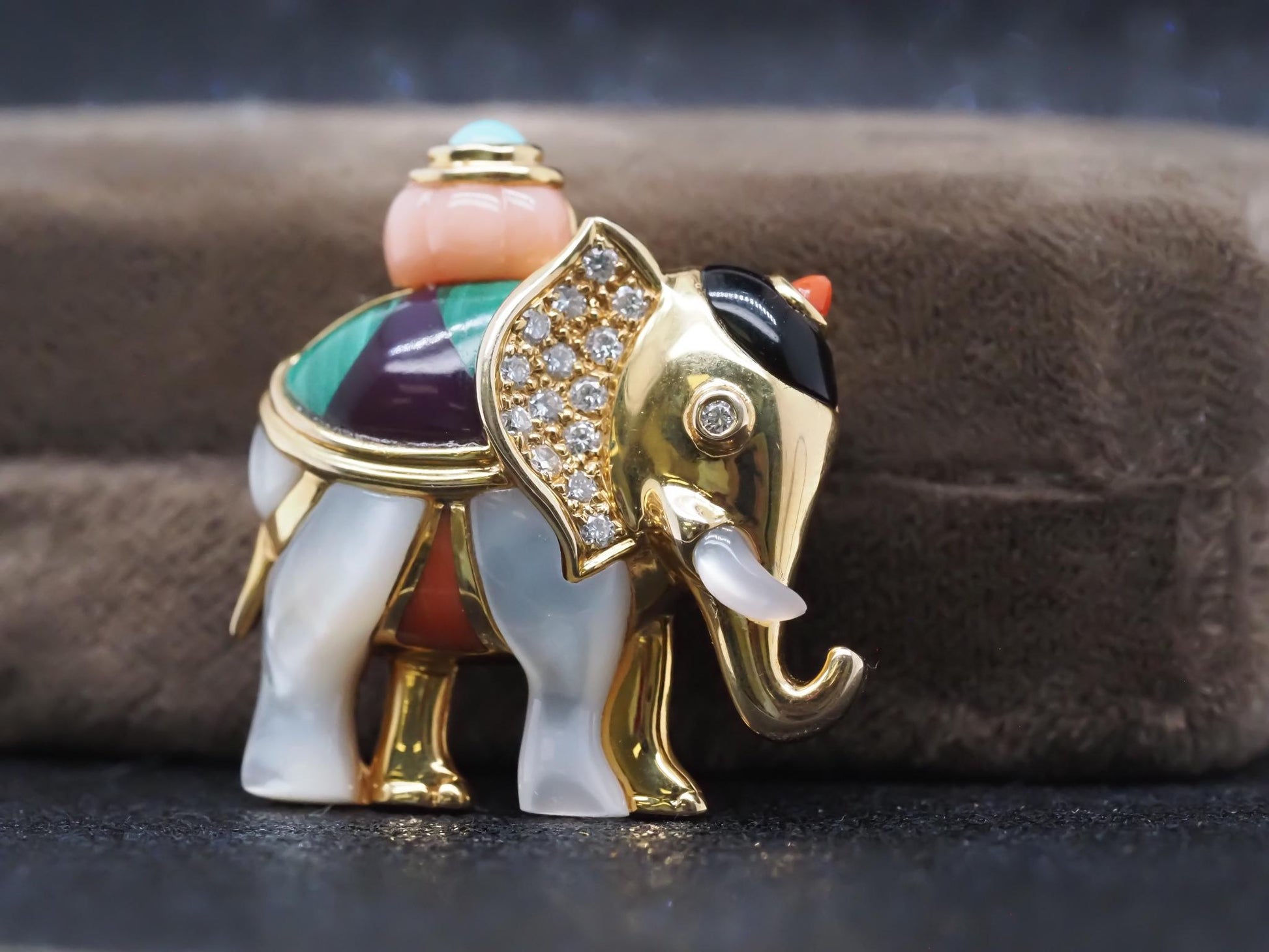 Asch Grossbardt Elephant Brooch w Mother of Pearl Malachite Coral Diamond Onyx