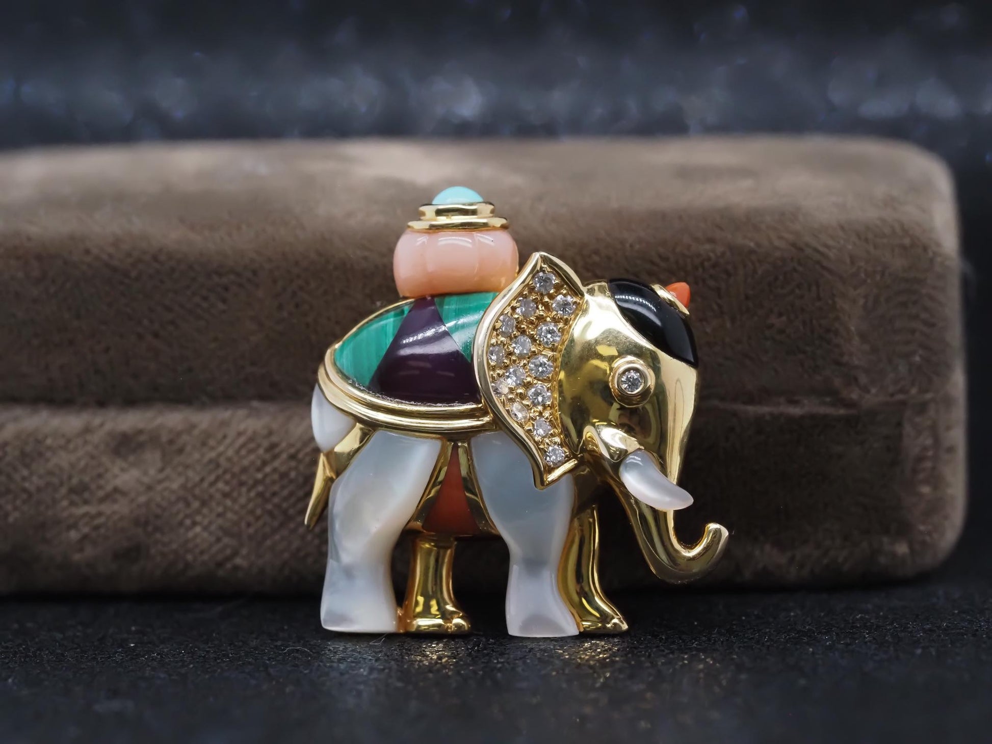 Asch Grossbardt Elephant Brooch w Mother of Pearl Malachite Coral Diamond Onyx