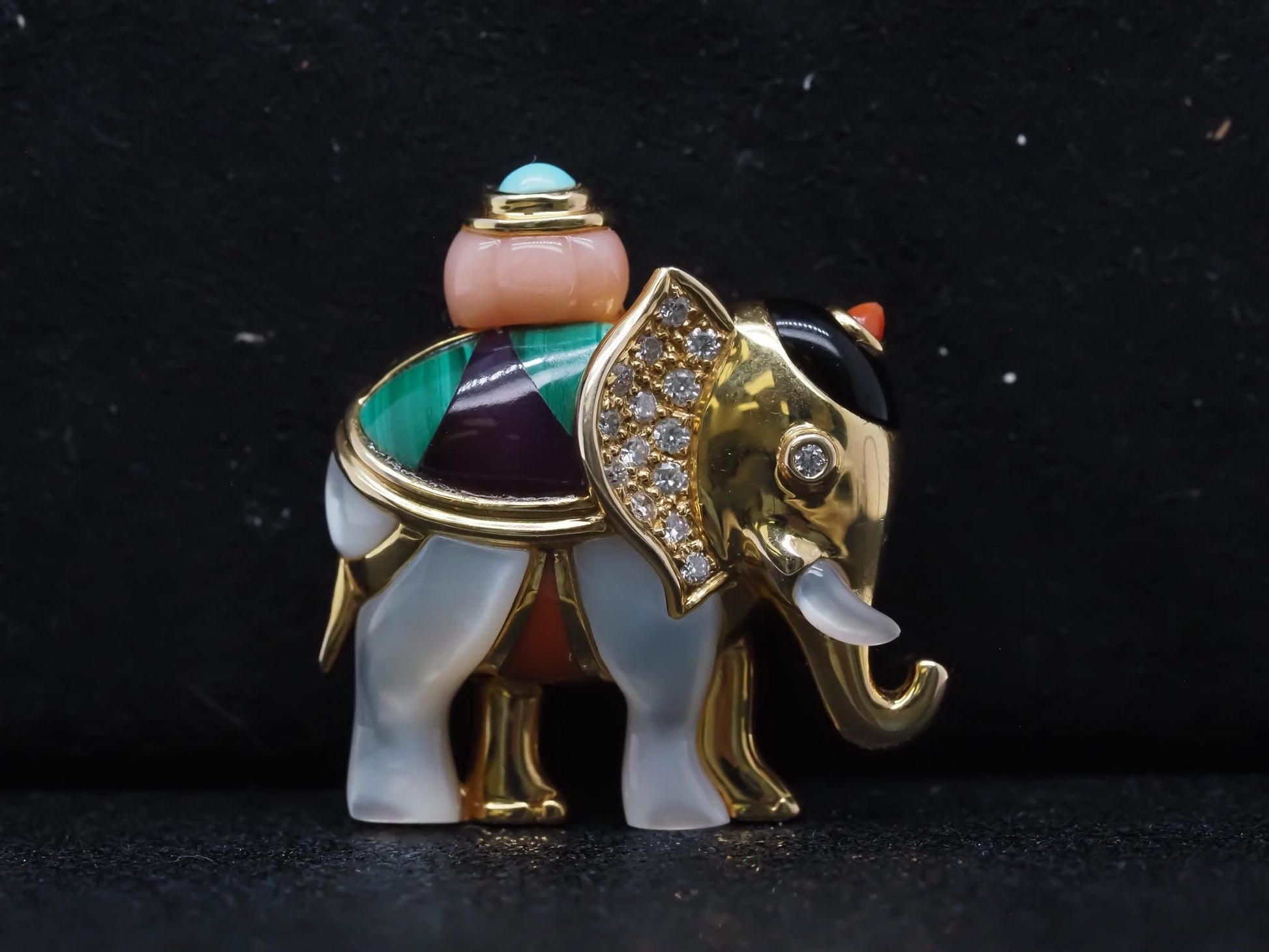 Asch Grossbardt Elephant Brooch w Mother of Pearl Malachite Coral Diamond Onyx