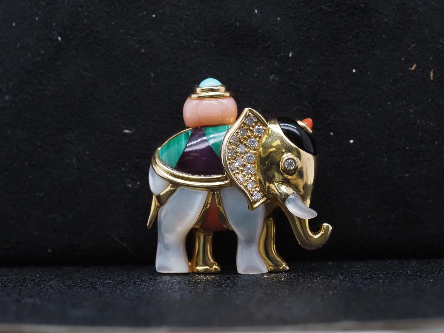Asch Grossbardt Elephant Brooch w Mother of Pearl Malachite Coral Diamond Onyx