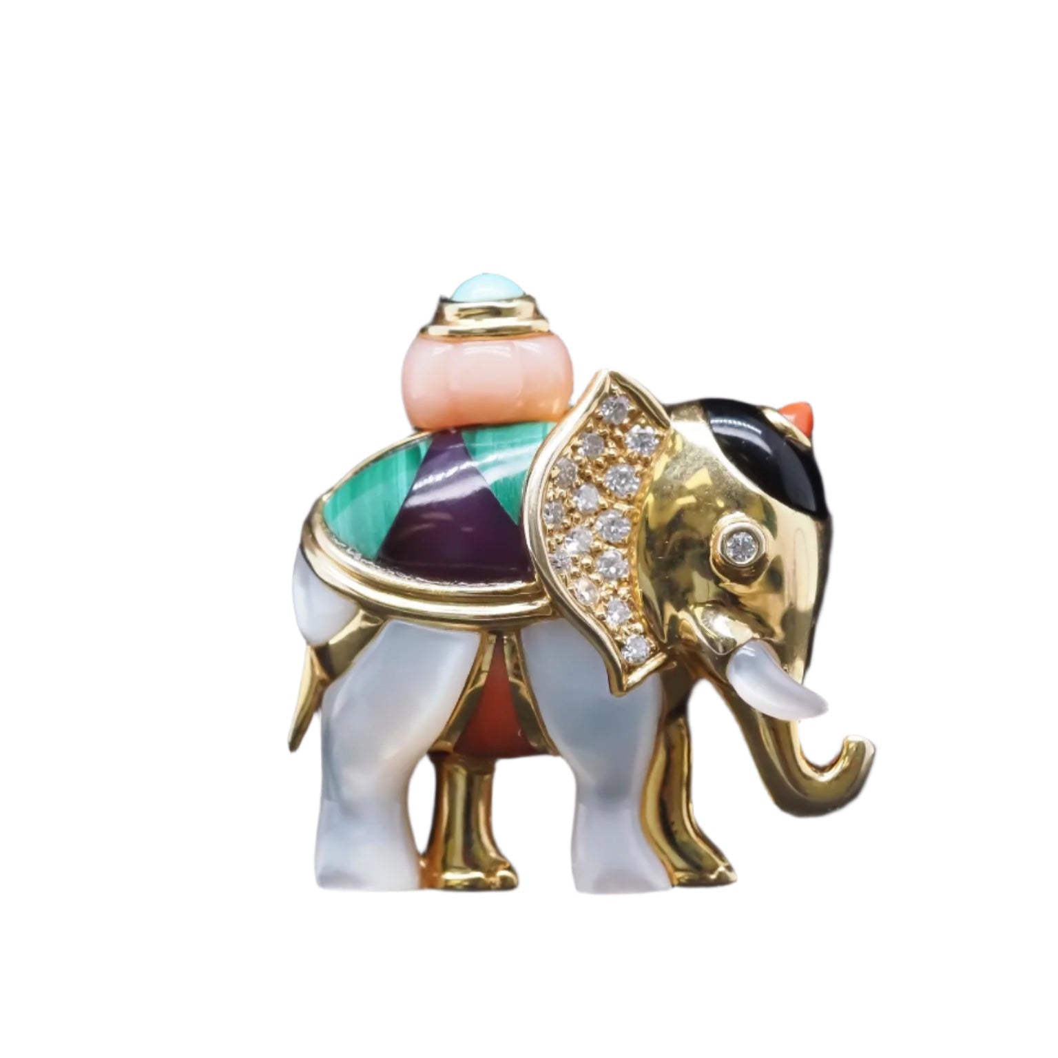 Asch Grossbardt Elephant Brooch w Mother of Pearl Malachite Coral Diamond Onyx