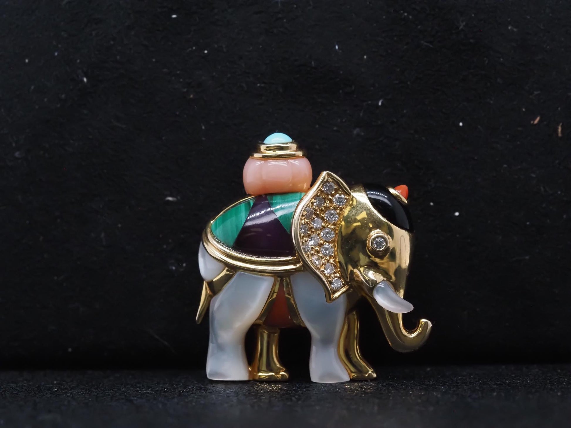 Asch Grossbardt Elephant Brooch w Mother of Pearl Malachite Coral Diamond Onyx