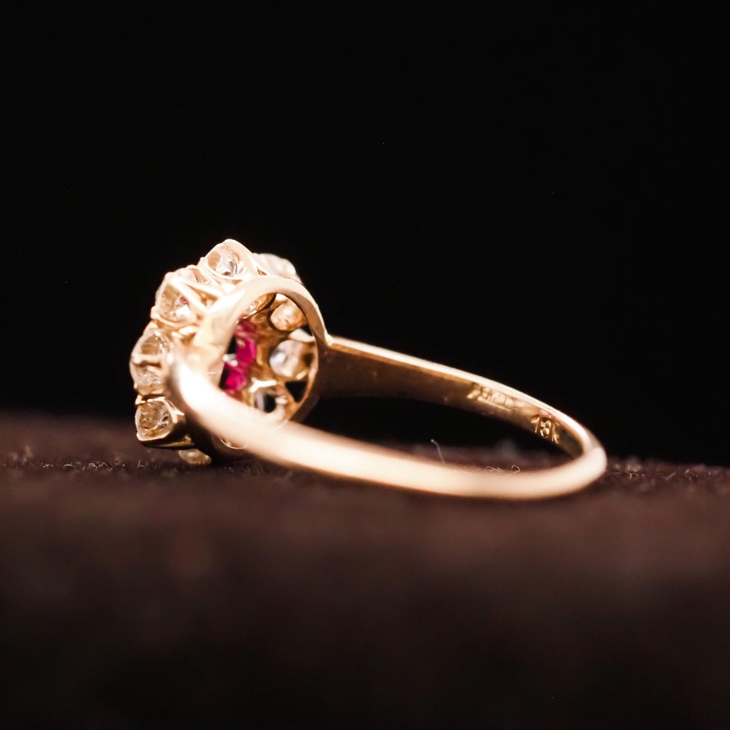 1920s Unheated Natural Ruby 18K Yellow Gold Old Mine Diamond Halo Ring - VHK