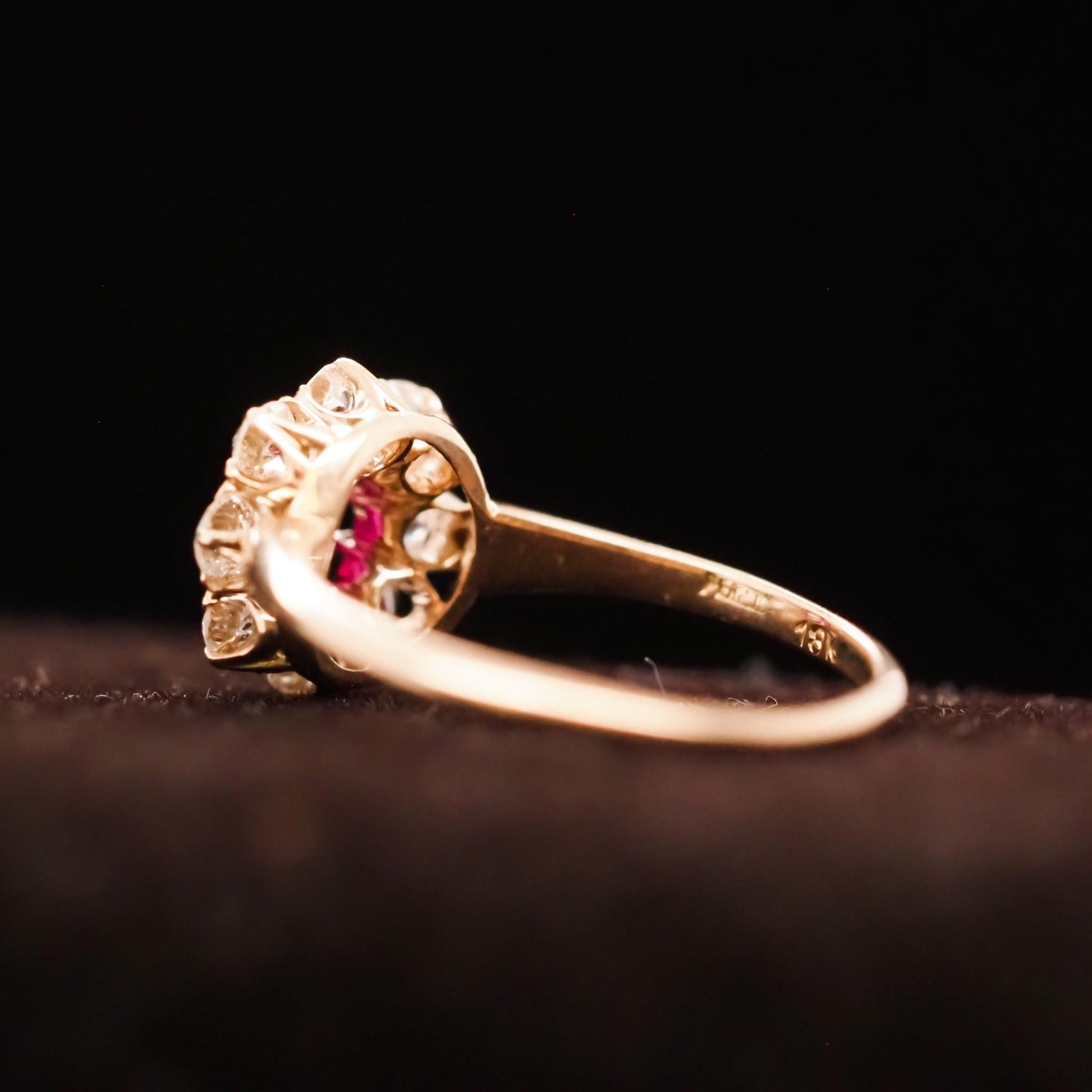 1920s Unheated Natural Ruby 18K Yellow Gold Old Mine Diamond Halo Ring - VHK