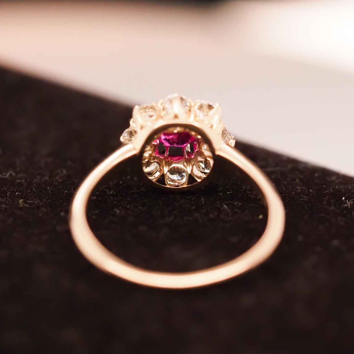 1920s Unheated Natural Ruby 18K Yellow Gold Old Mine Diamond Halo Ring - VHK