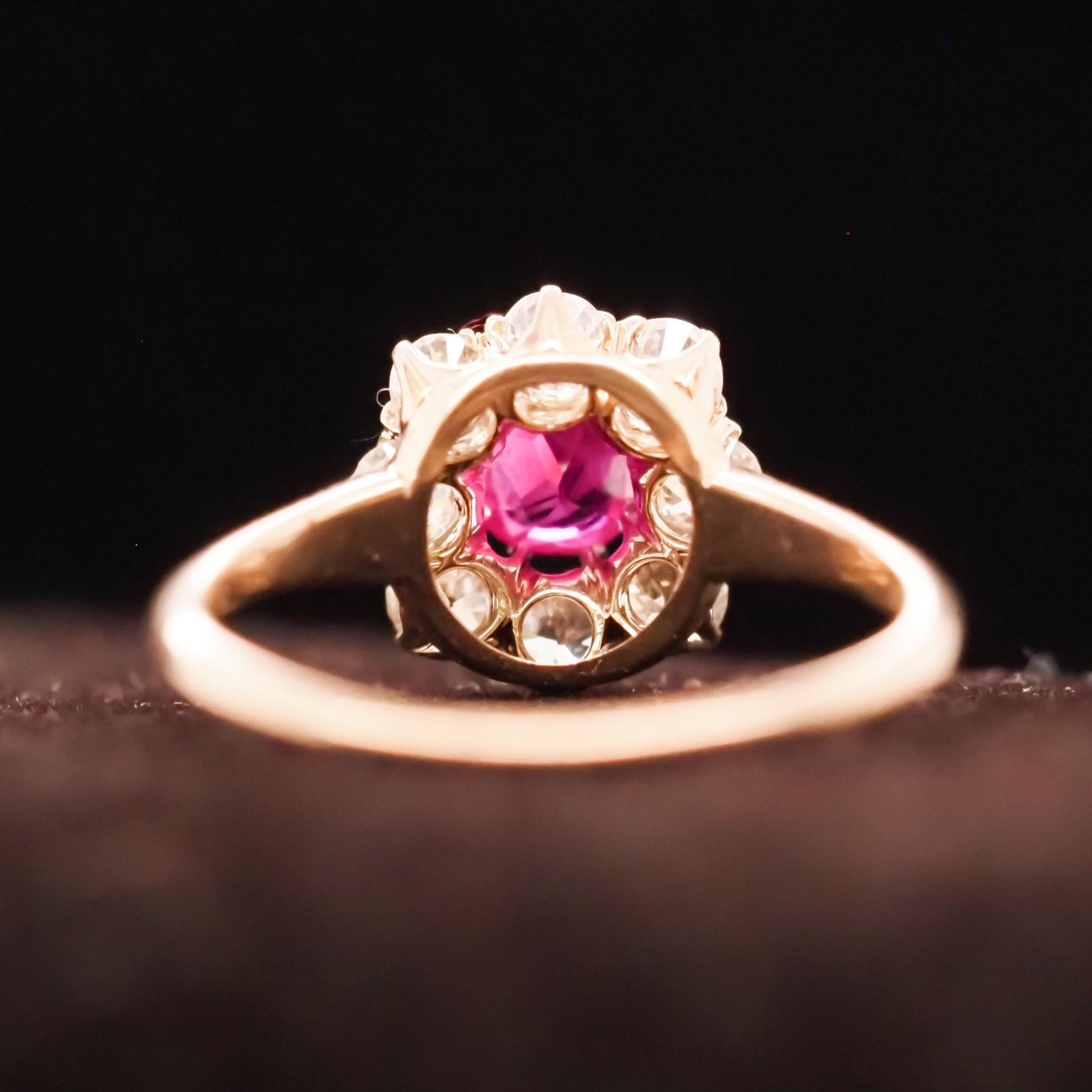 1920s Unheated Natural Ruby 18K Yellow Gold Old Mine Diamond Halo Ring - VHK