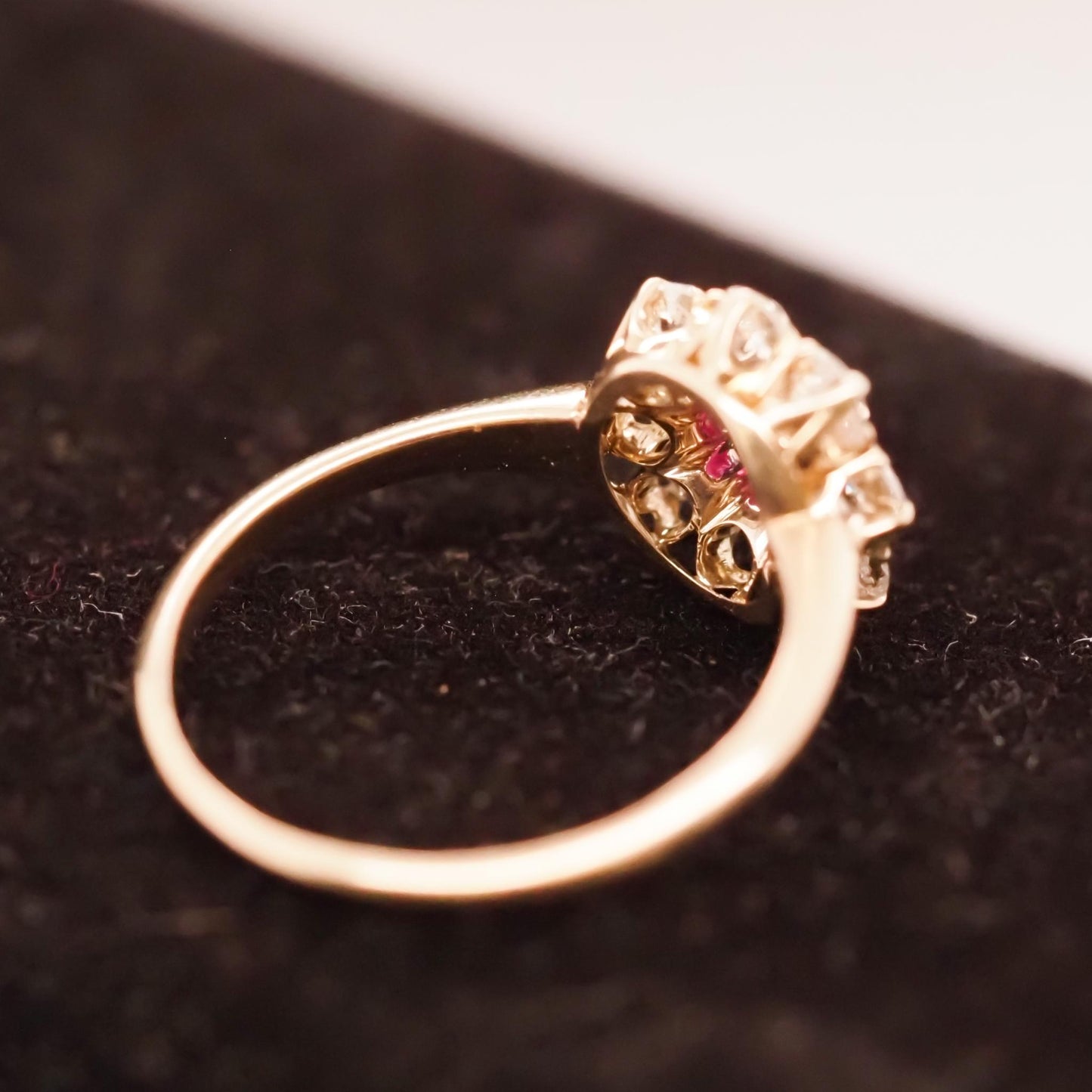 1920s Unheated Natural Ruby 18K Yellow Gold Old Mine Diamond Halo Ring - VHK