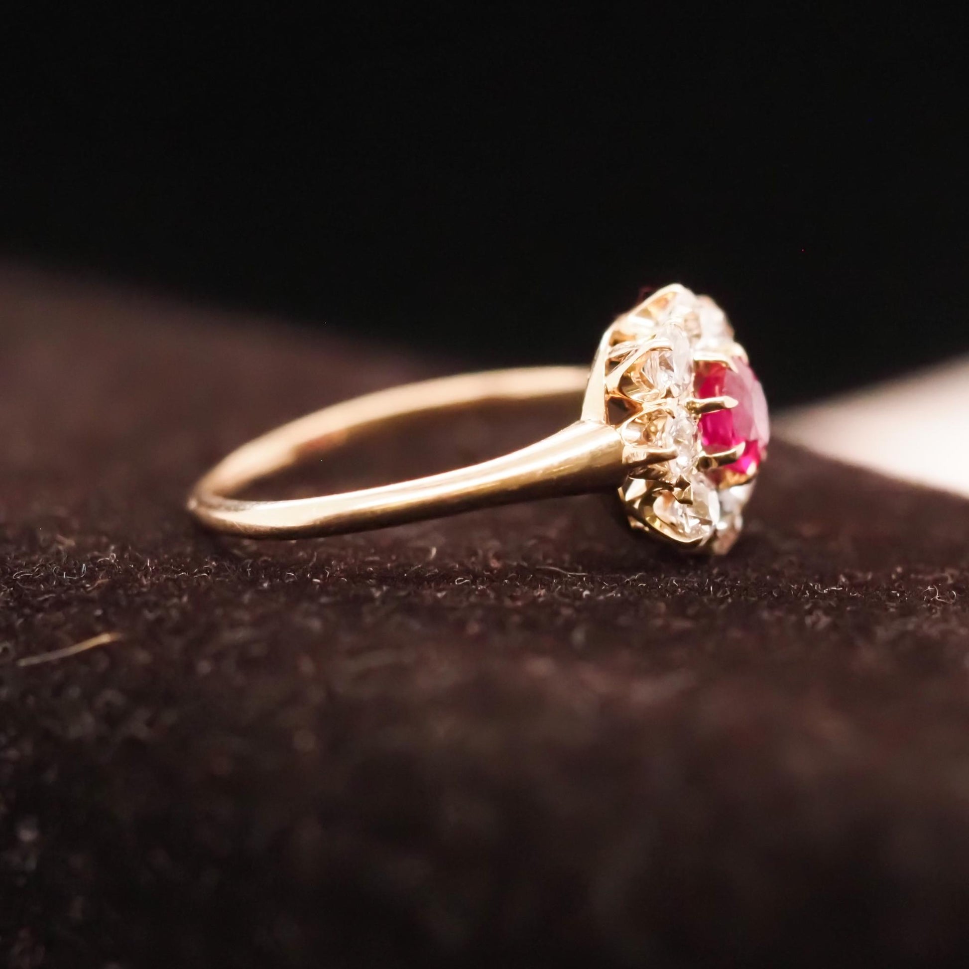 1920s Unheated Natural Ruby 18K Yellow Gold Old Mine Diamond Halo Ring - VHK