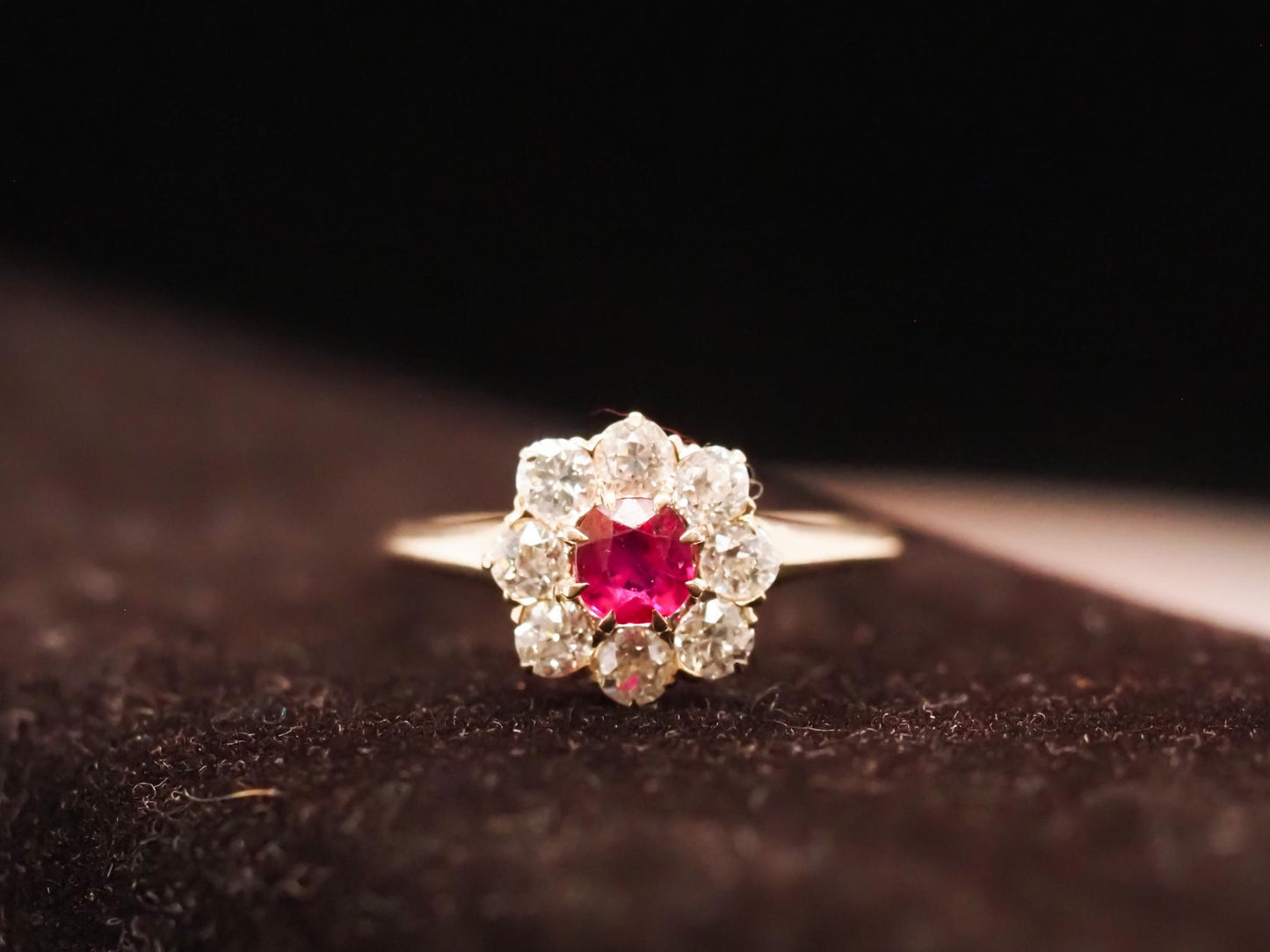 1920s Unheated Natural Ruby 18K Yellow Gold Old Mine Diamond Halo Ring - VHK