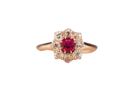 1920s Unheated Natural Ruby 18K Yellow Gold Old Mine Diamond Halo Ring - VHK