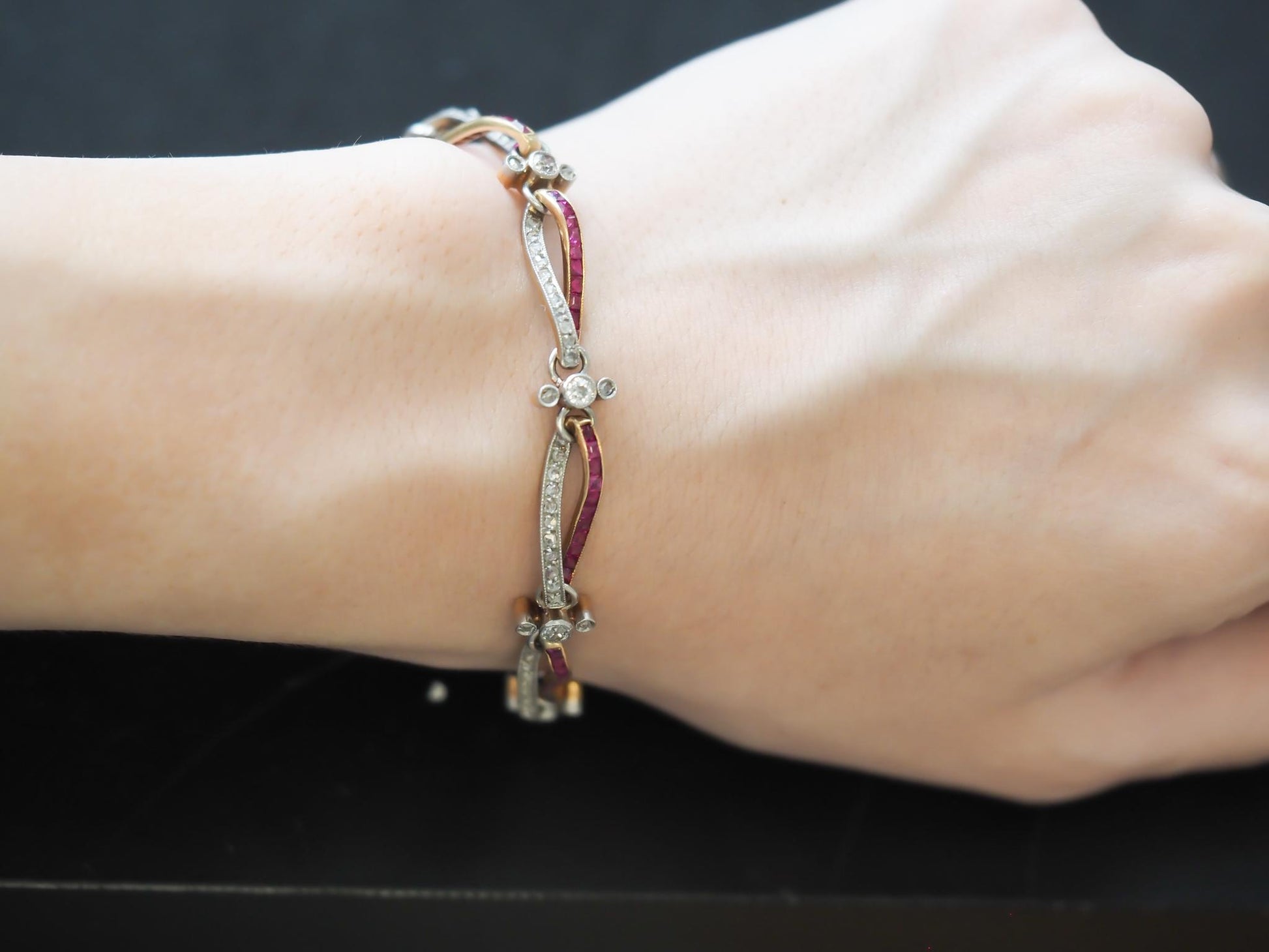 Edwardian Platinum and Gold Bracelet with Rose Cut Diamonds and Ruby - VHK#1006