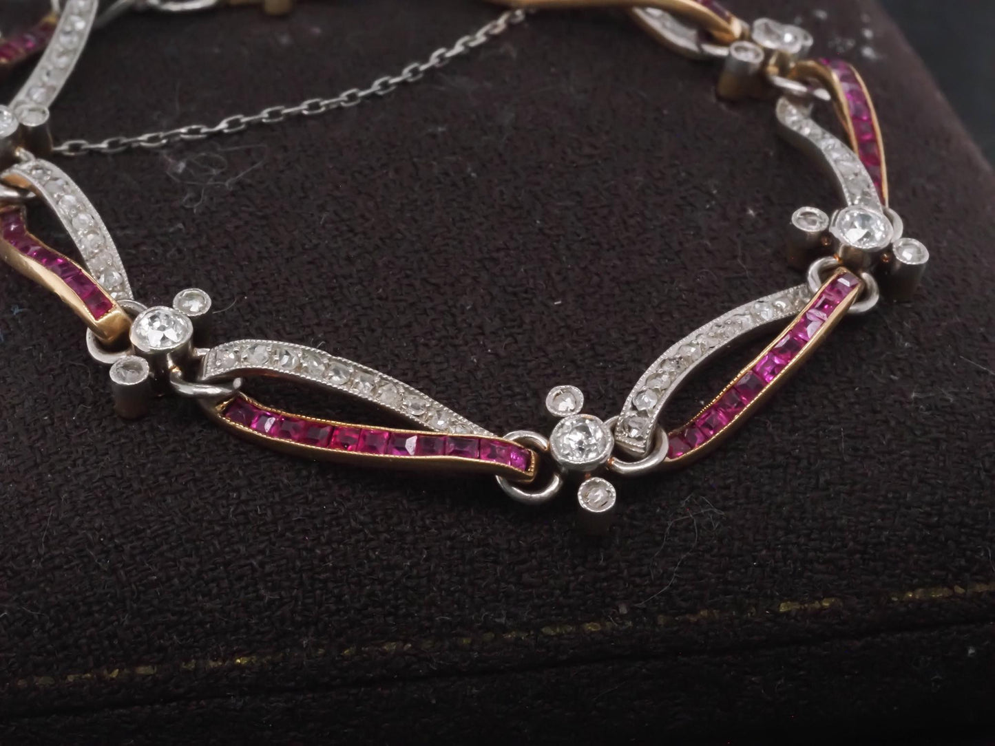 Edwardian Platinum and Gold Bracelet with Rose Cut Diamonds and Ruby - VHK#1006