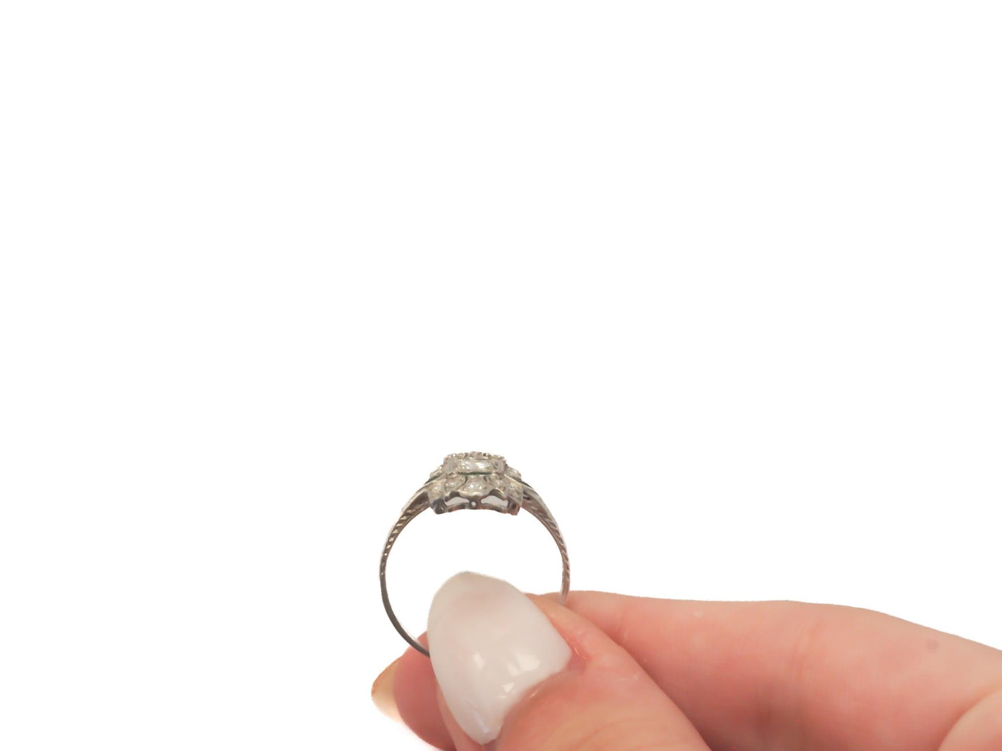 Circa 1920s Art Deco Platinum Diamond and Emerald Ring - VEG#47b