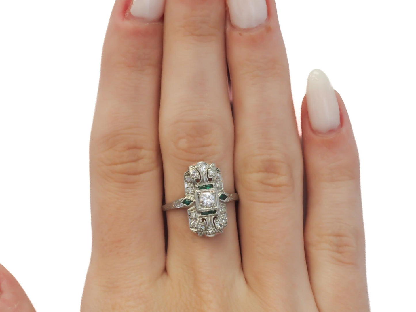 Circa 1920s Art Deco Platinum Diamond and Emerald Ring - VEG#47b