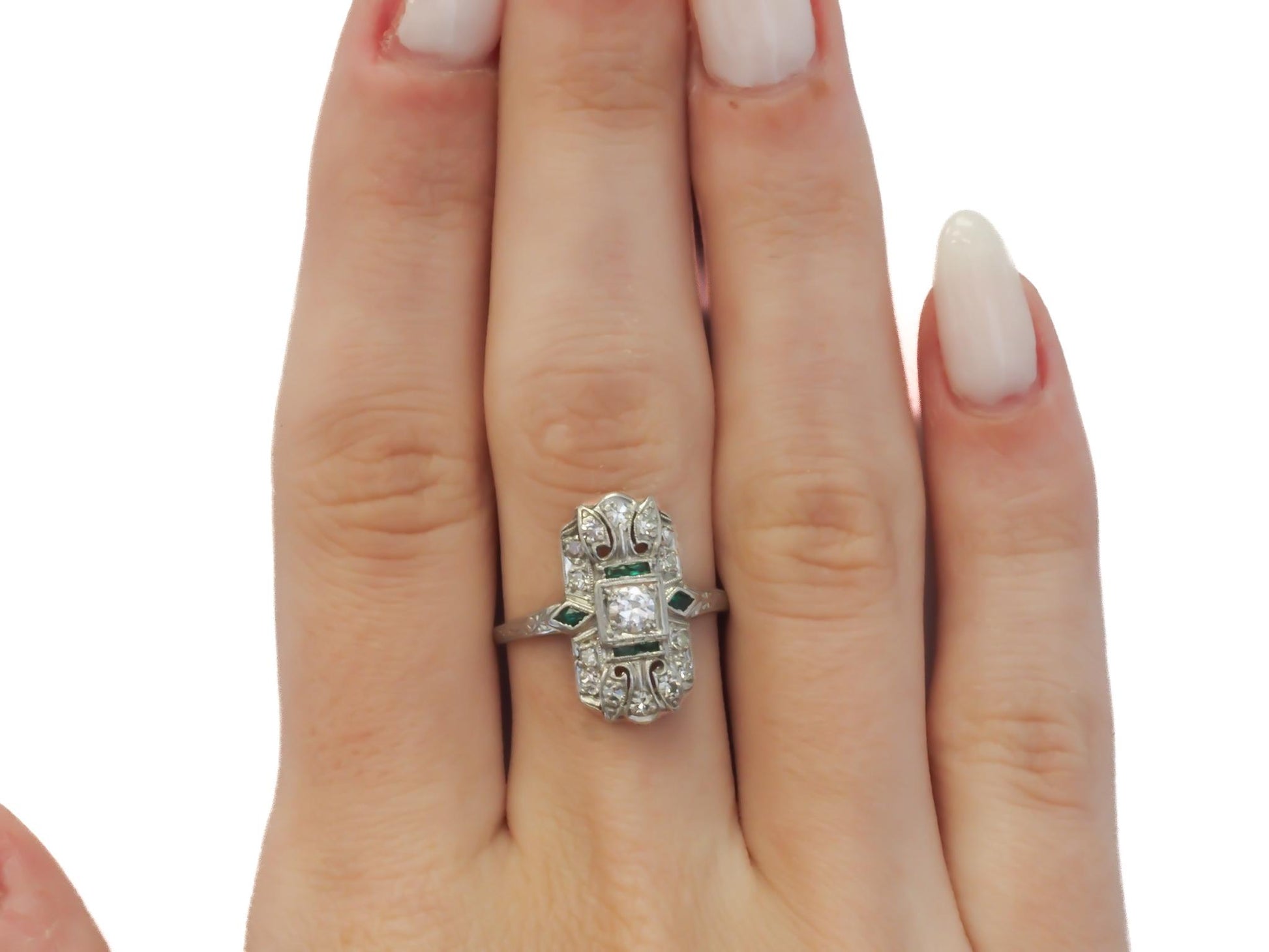 Circa 1920s Art Deco Platinum Diamond and Emerald Ring - VEG#47b