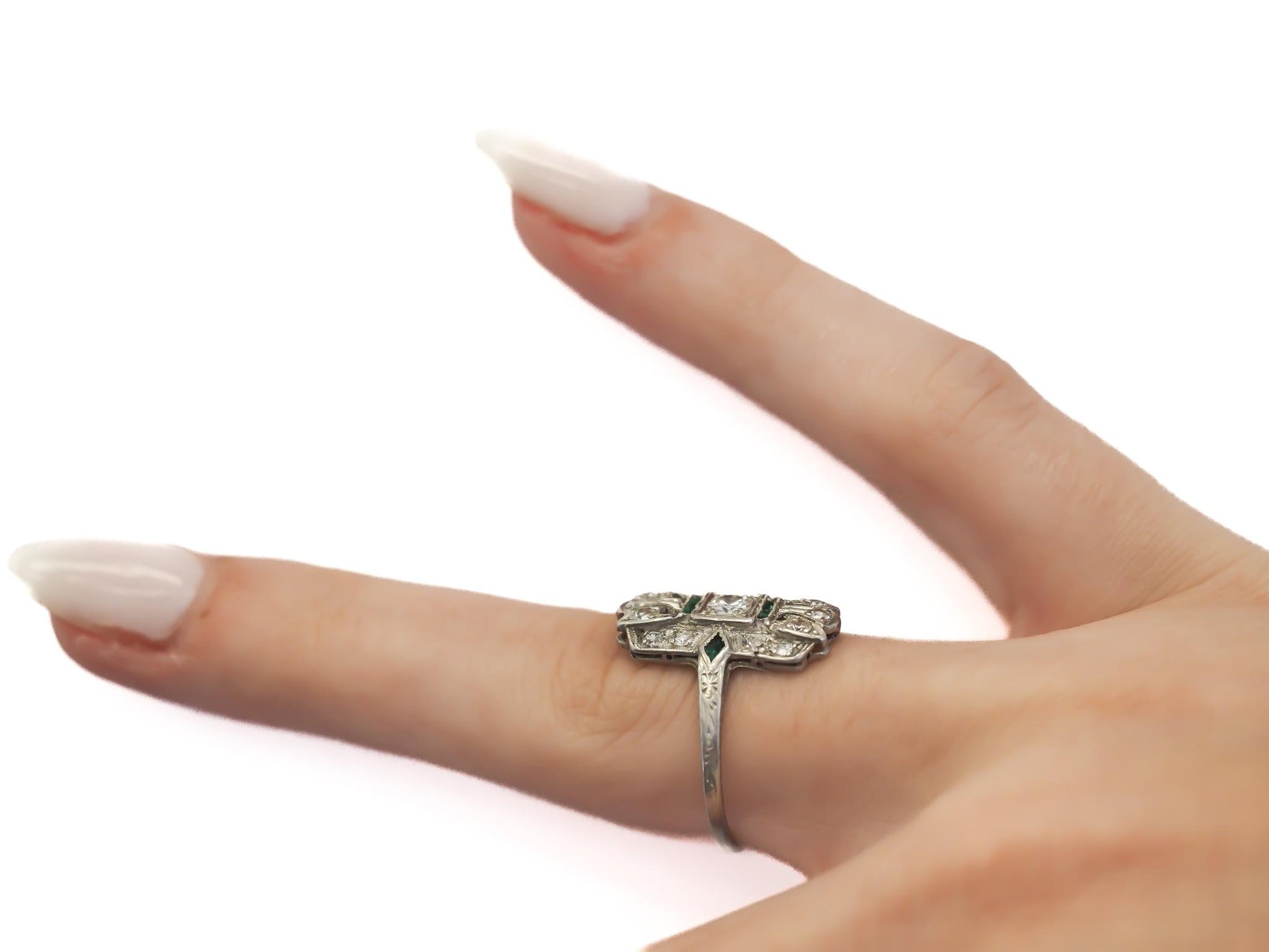 Circa 1920s Art Deco Platinum Diamond and Emerald Ring - VEG#47b