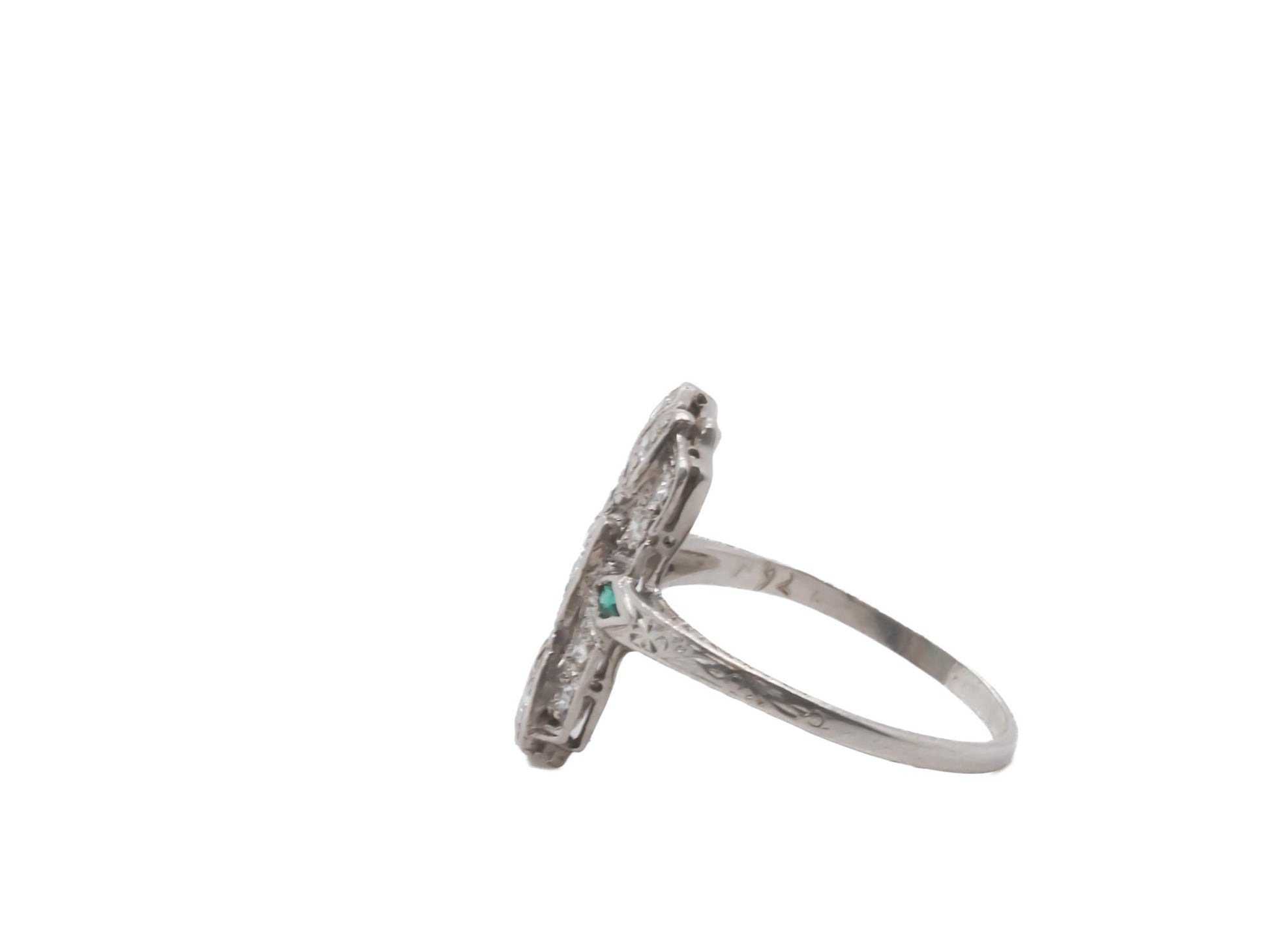 Circa 1920s Art Deco Platinum Diamond and Emerald Ring - VEG#47b