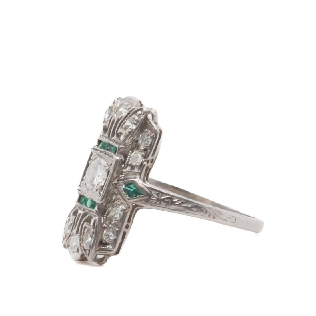 Circa 1920s Art Deco Platinum Diamond and Emerald Ring - VEG#47b