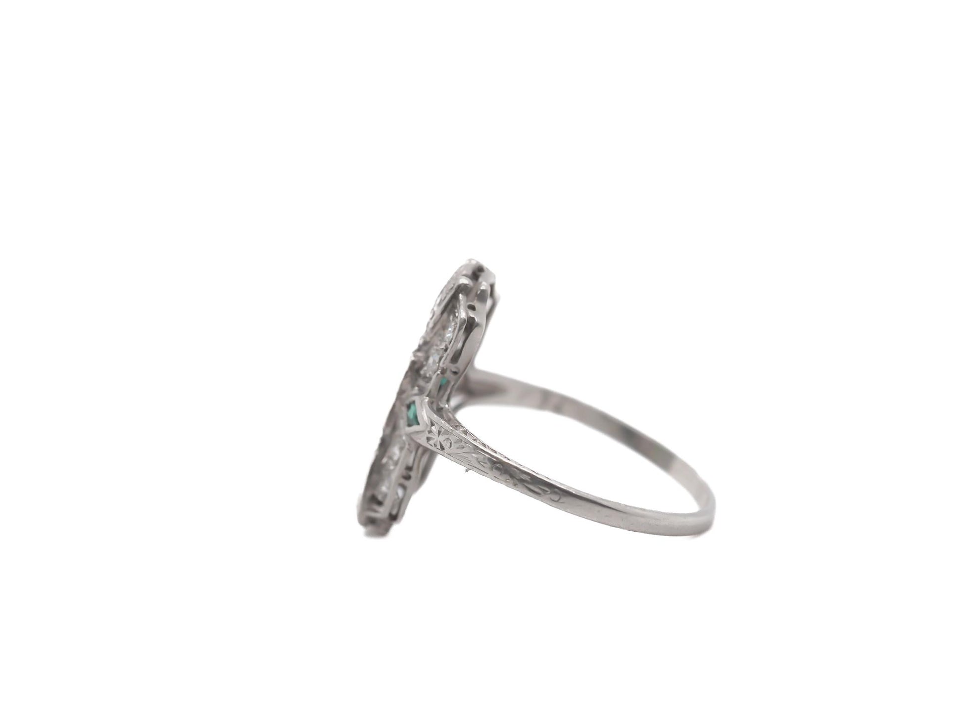 Circa 1920s Art Deco Platinum Diamond and Emerald Ring - VEG#47b