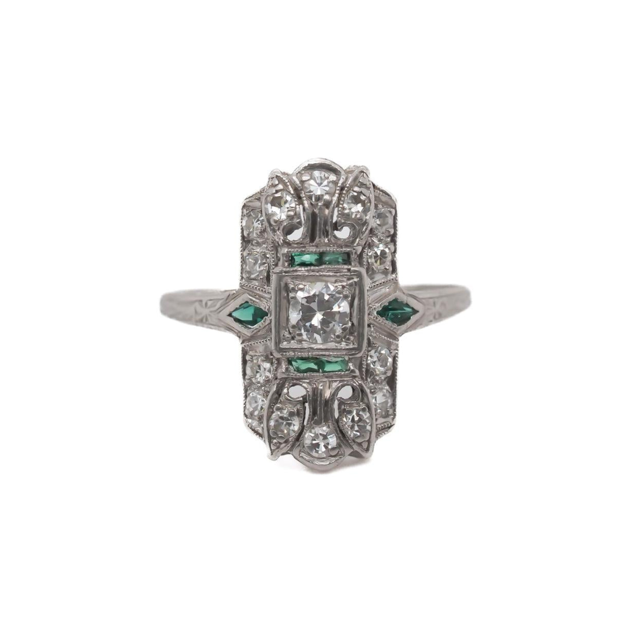 Circa 1920s Art Deco Platinum Diamond and Emerald Ring - VEG#47b
