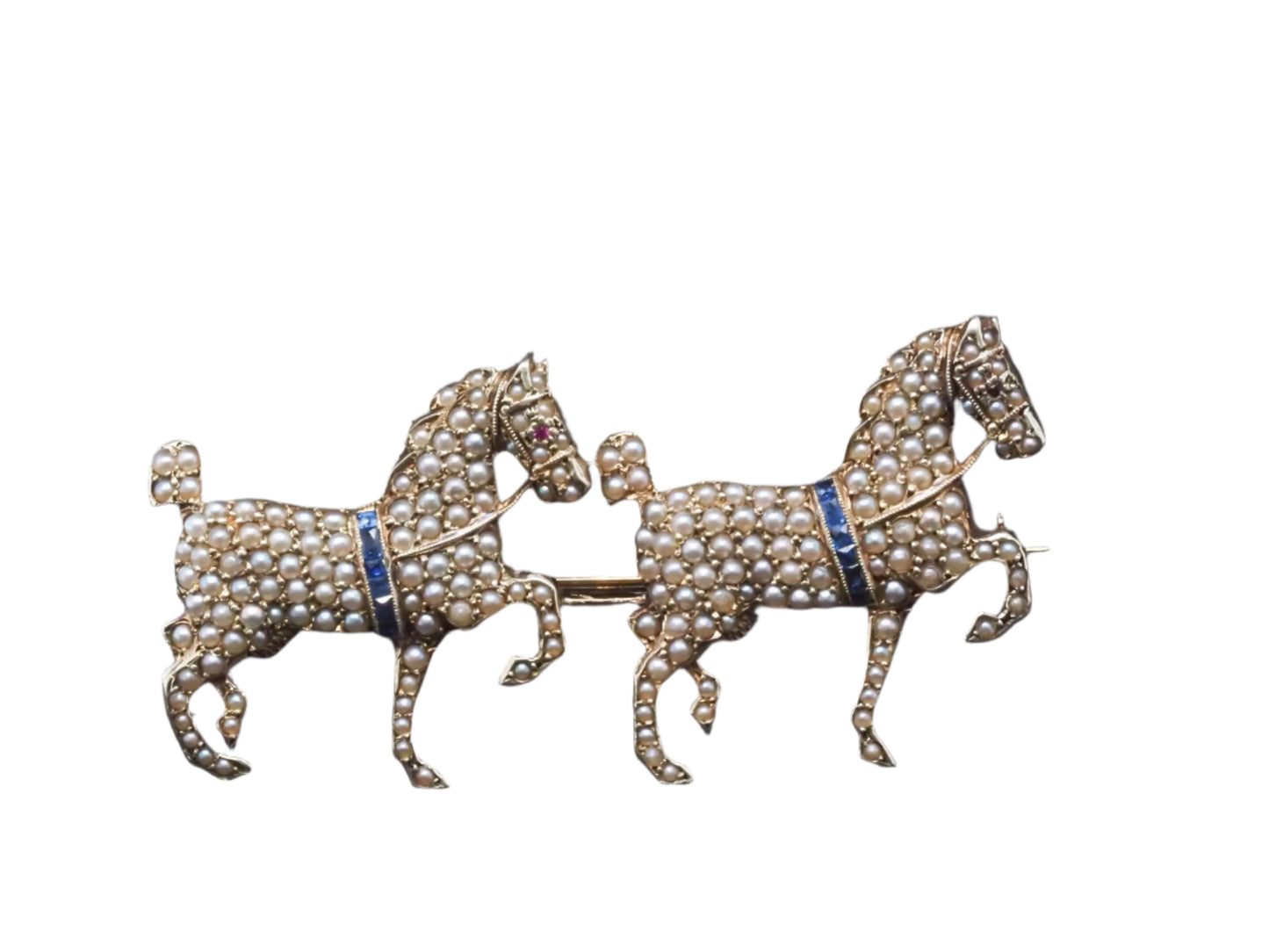 Estate 1900s 14K Yellow Gold Horse Brooch with Sapphire and Pearls - VHK#653a