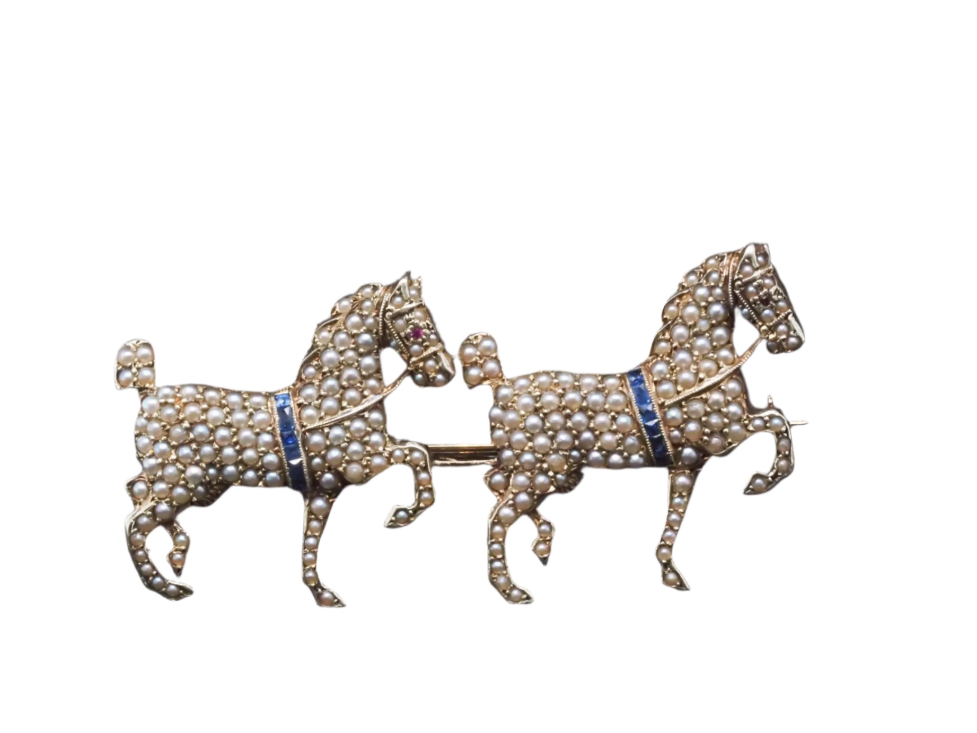 Estate 1900s 14K Yellow Gold Horse Brooch with Sapphire and Pearls - VHK#653a