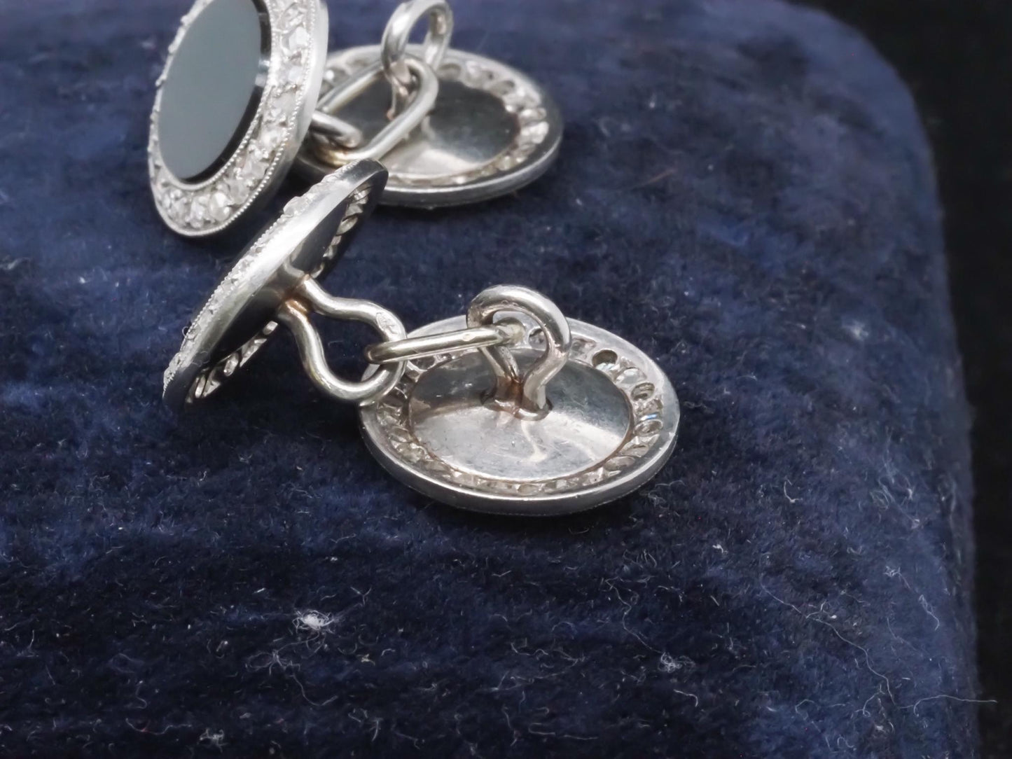 Estate Art Deco Platinum French Onyx and Diamond Cufflinks - VHK#652A