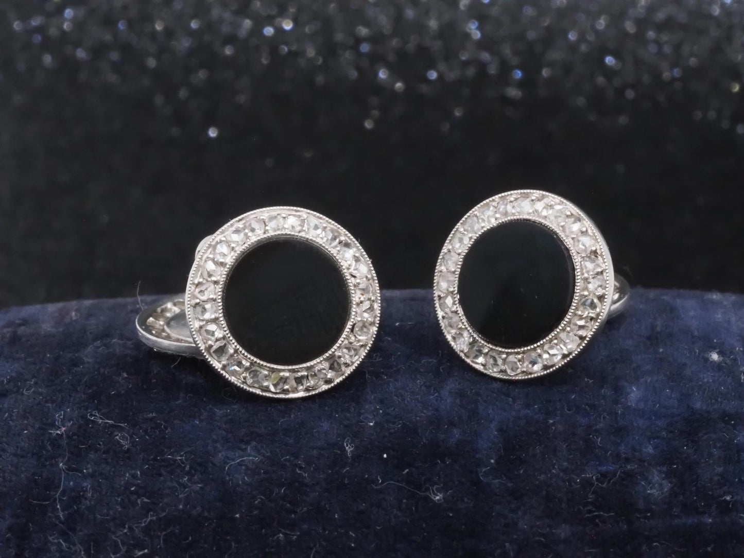 Estate Art Deco Platinum French Onyx and Diamond Cufflinks - VHK#652A