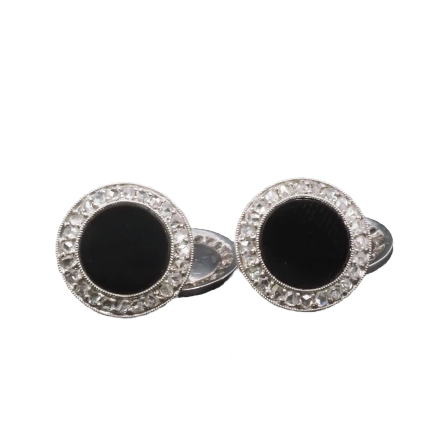 Estate Art Deco Platinum French Onyx and Diamond Cufflinks - VHK#652A
