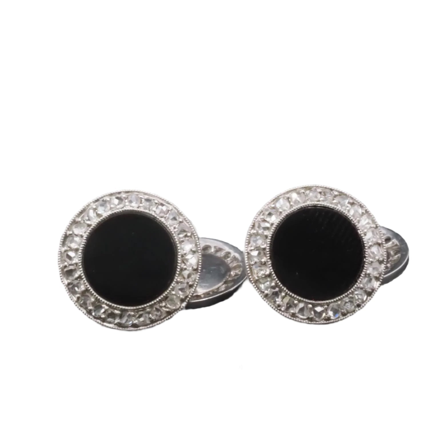 Estate Art Deco Platinum French Onyx and Diamond Cufflinks - VHK#652A