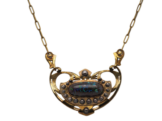 Estate Arts & Crafts Era “JAMES WINN” Opal Necklace 18K Yellow Gold - VHK#182c