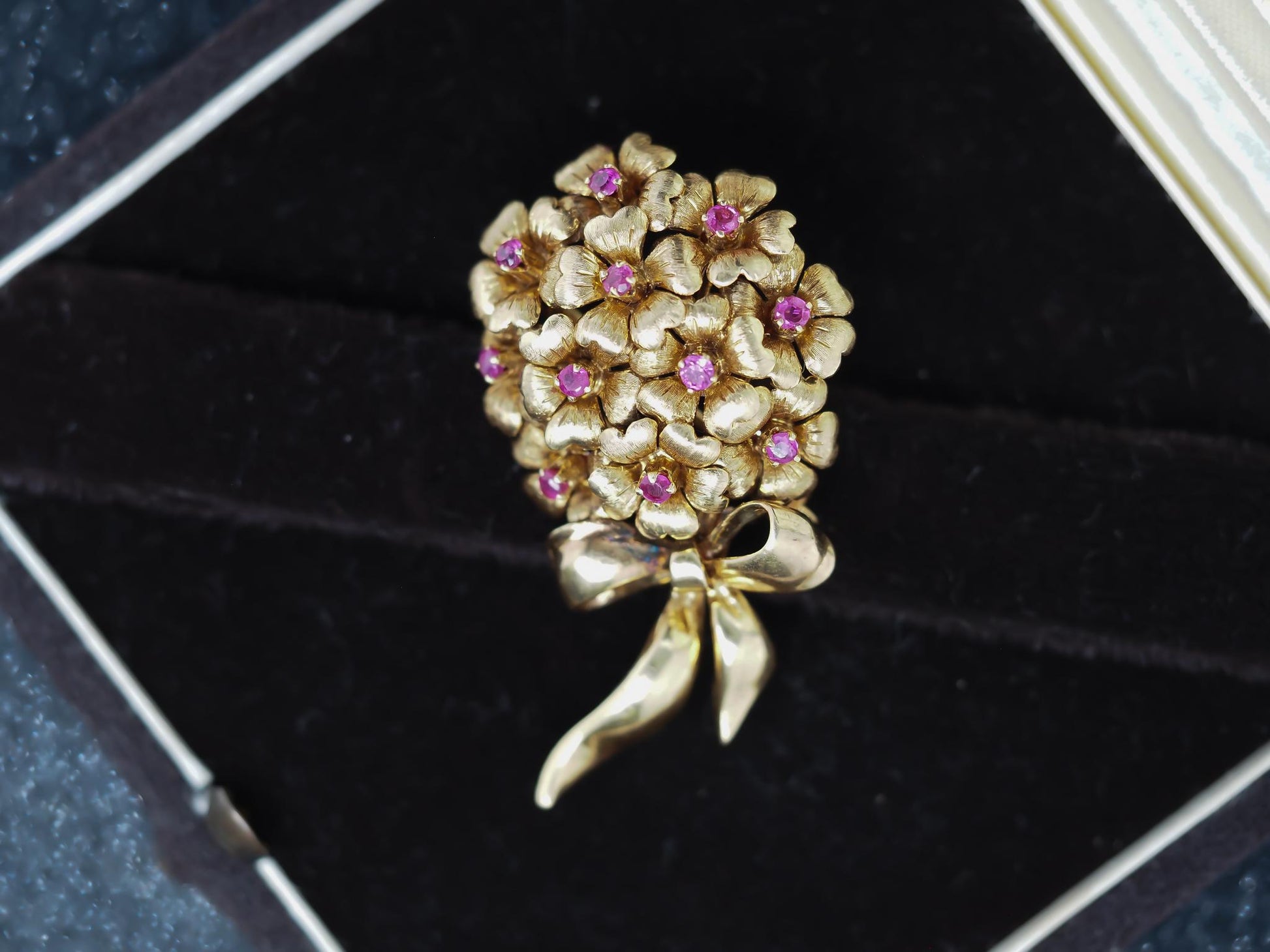 Estate Tiffany & Co. 18K Ruby Flower Ribbon Brooch - VHK#286A