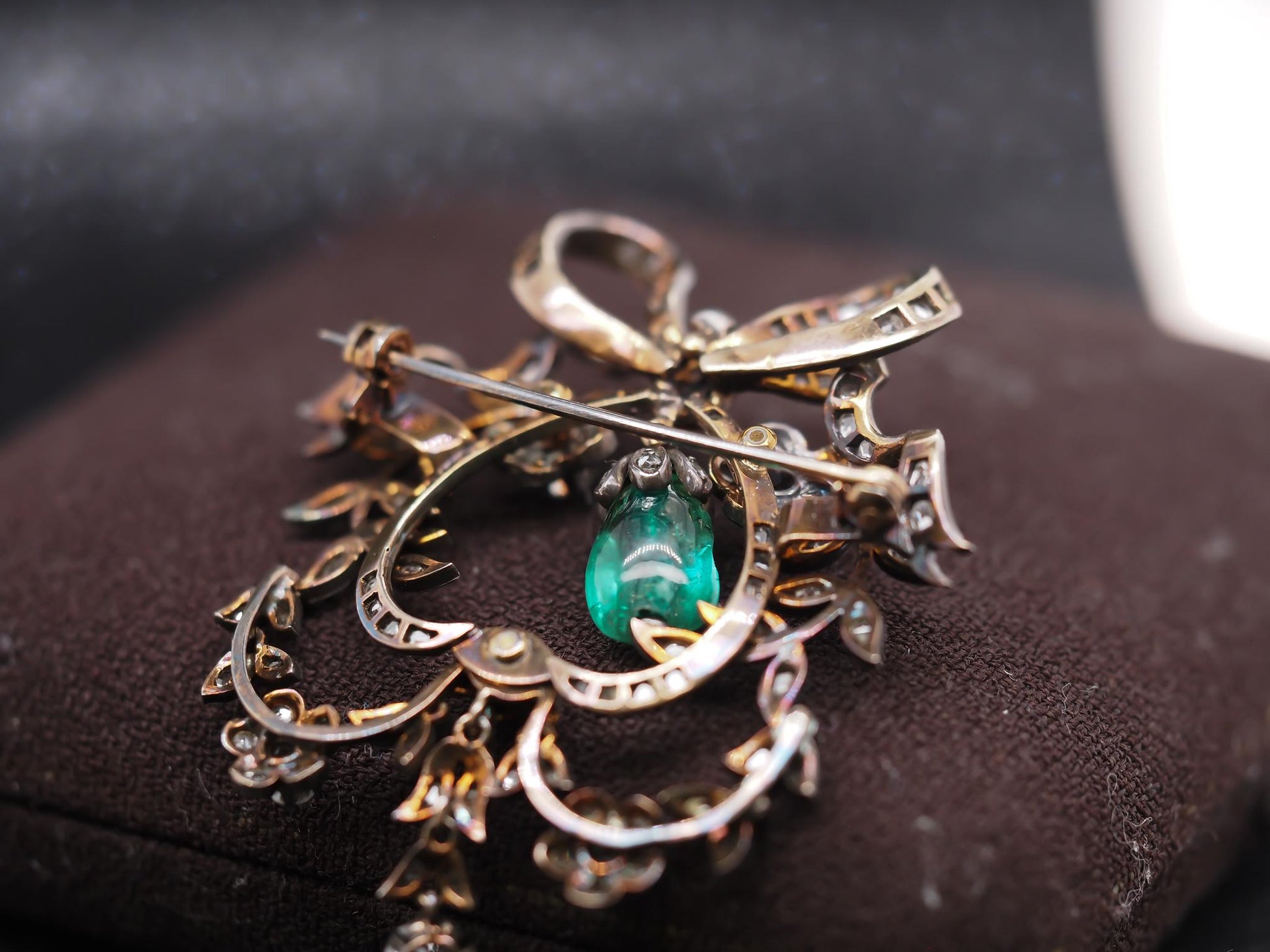Estate Victorian Drop Emerald and Diamond Royal Brooch