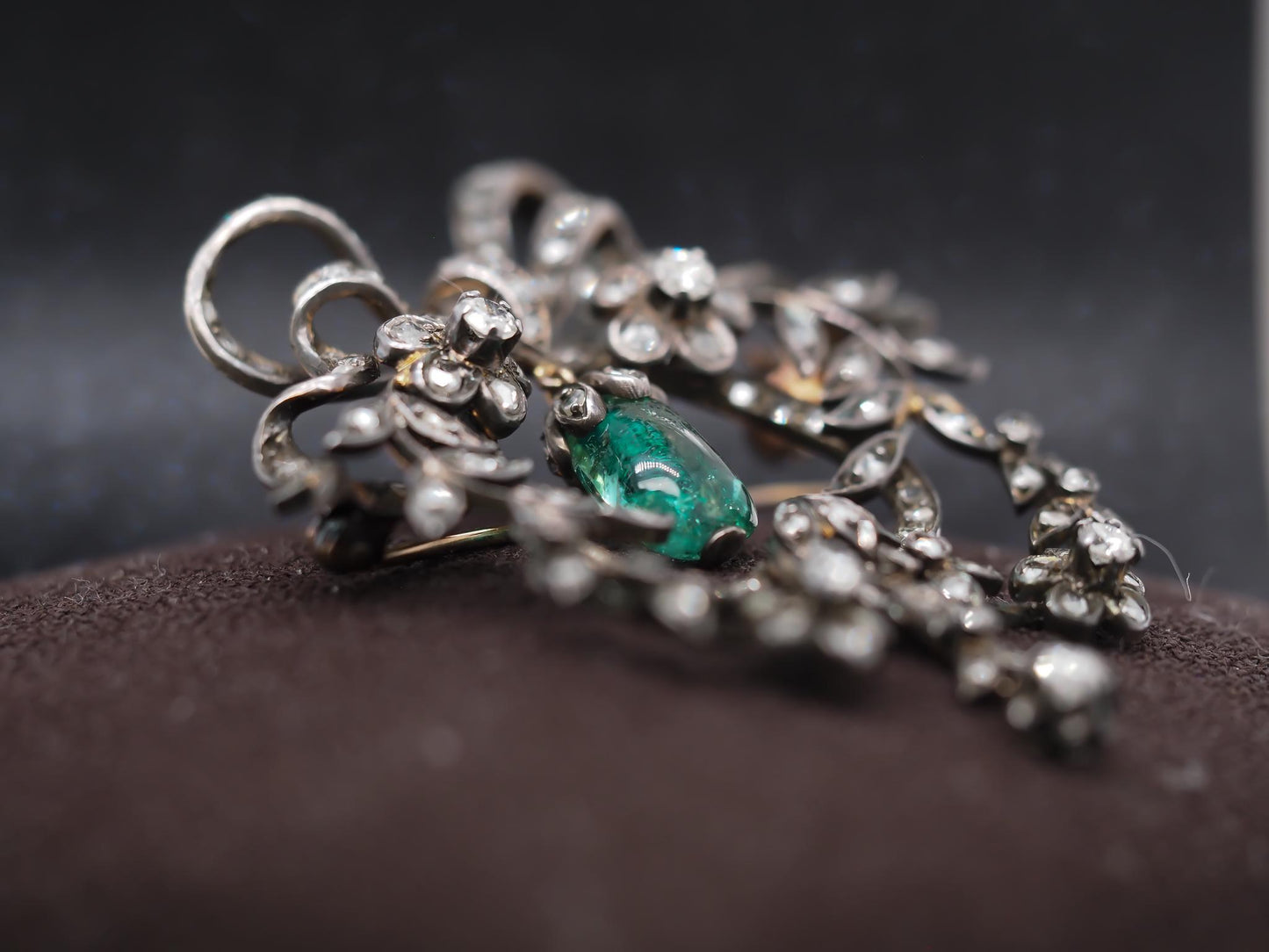 Estate Victorian Drop Emerald and Diamond Royal Brooch