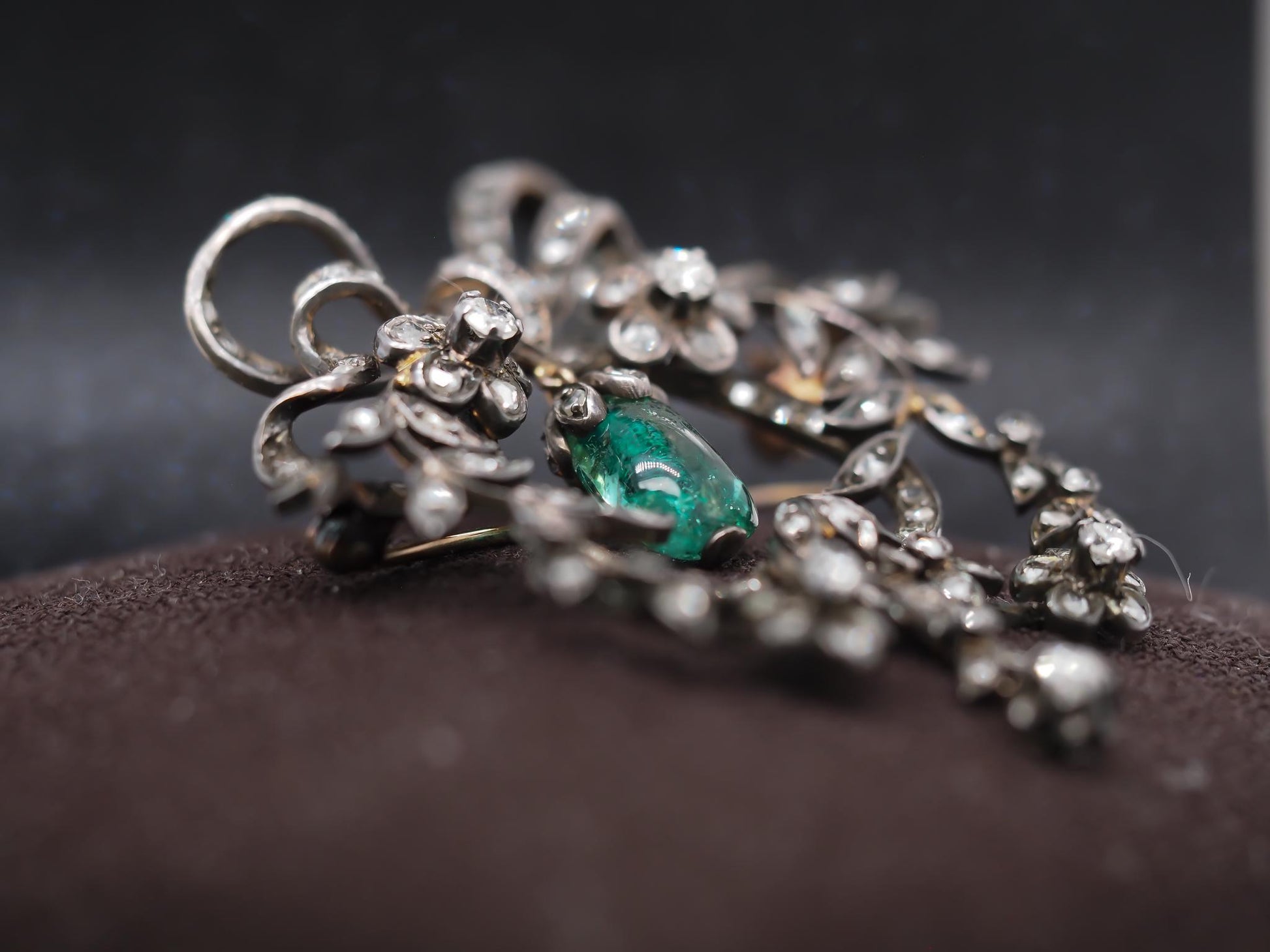 Estate Victorian Drop Emerald and Diamond Royal Brooch