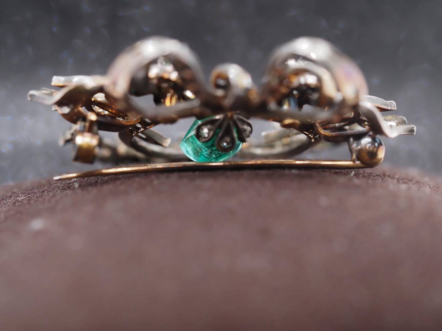 Estate Victorian Drop Emerald and Diamond Royal Brooch