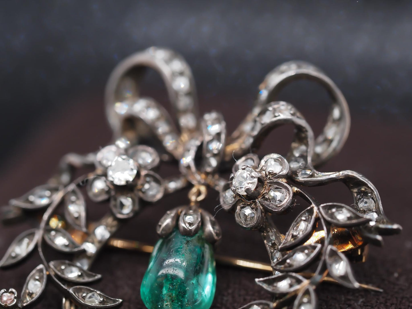 Estate Victorian Drop Emerald and Diamond Royal Brooch
