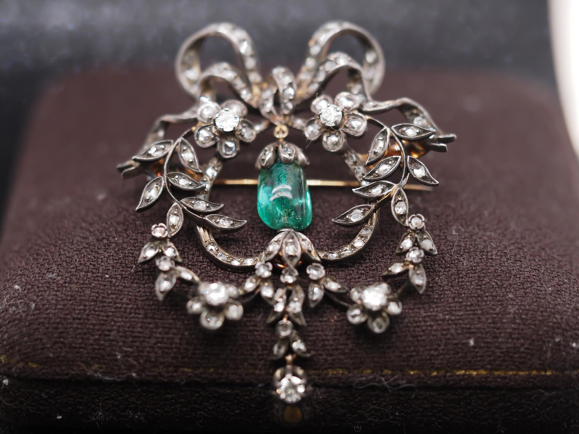 Estate Victorian Drop Emerald and Diamond Royal Brooch