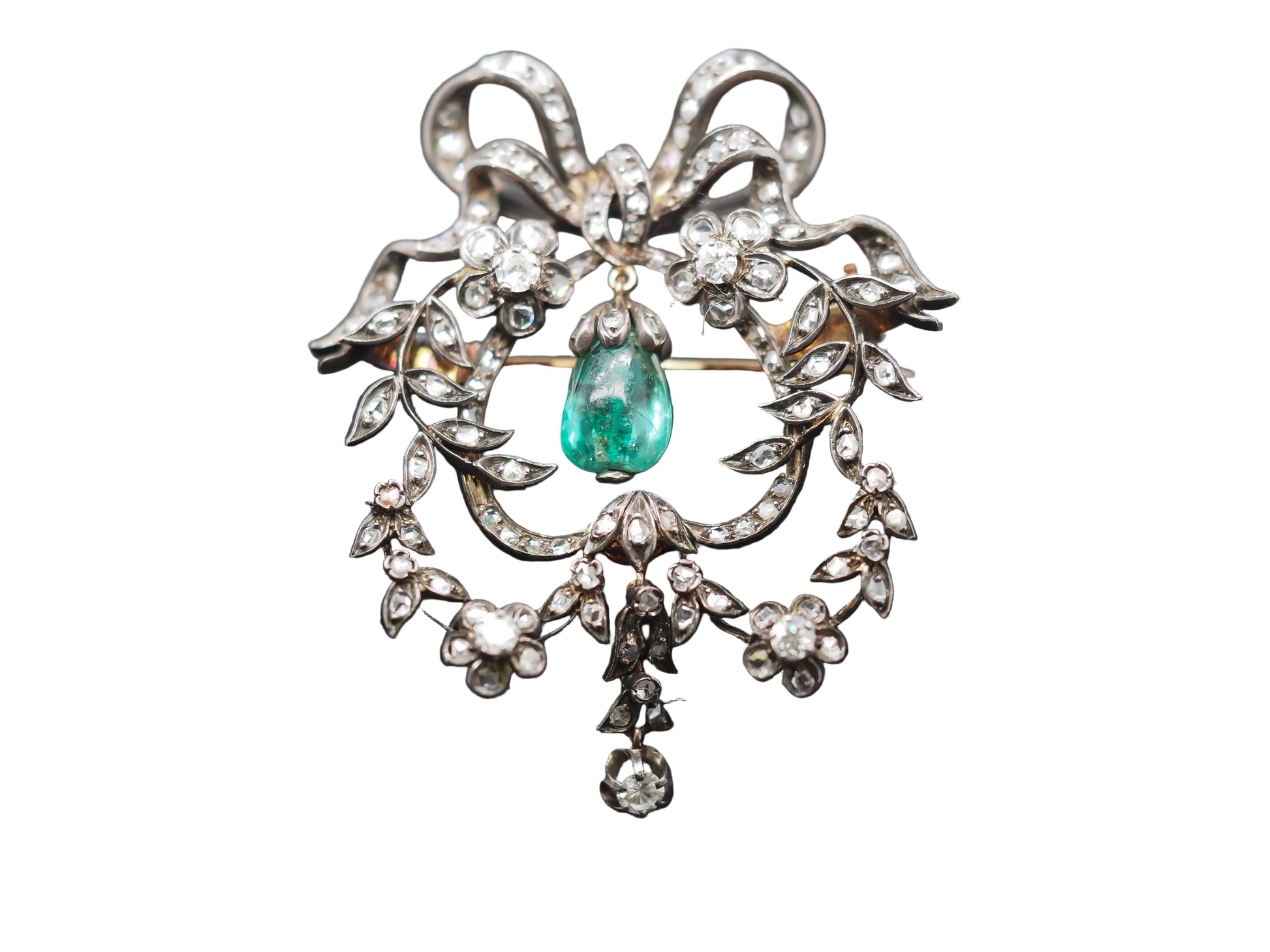 Estate Victorian Drop Emerald and Diamond Royal Brooch