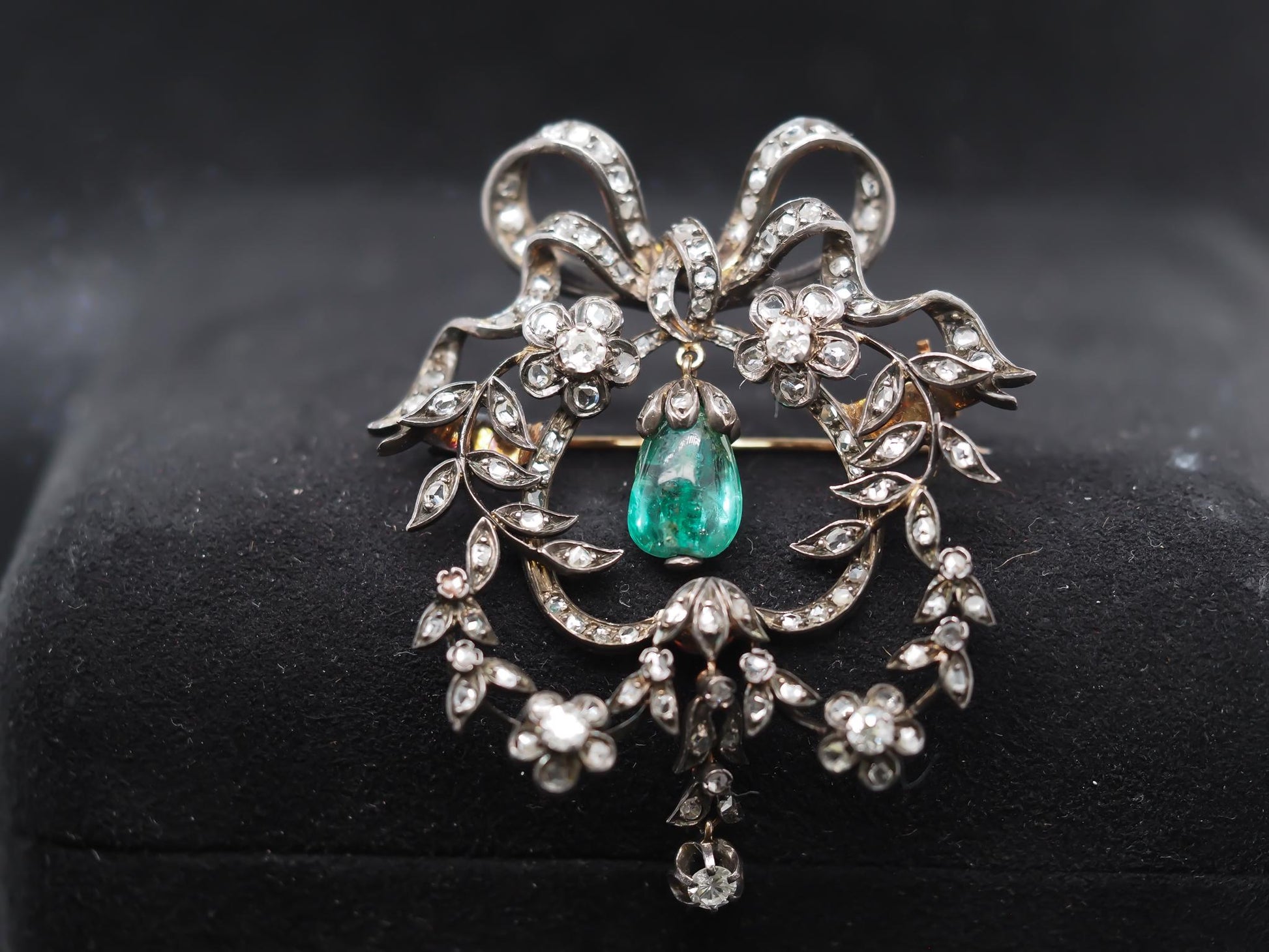 Estate Victorian Drop Emerald and Diamond Royal Brooch