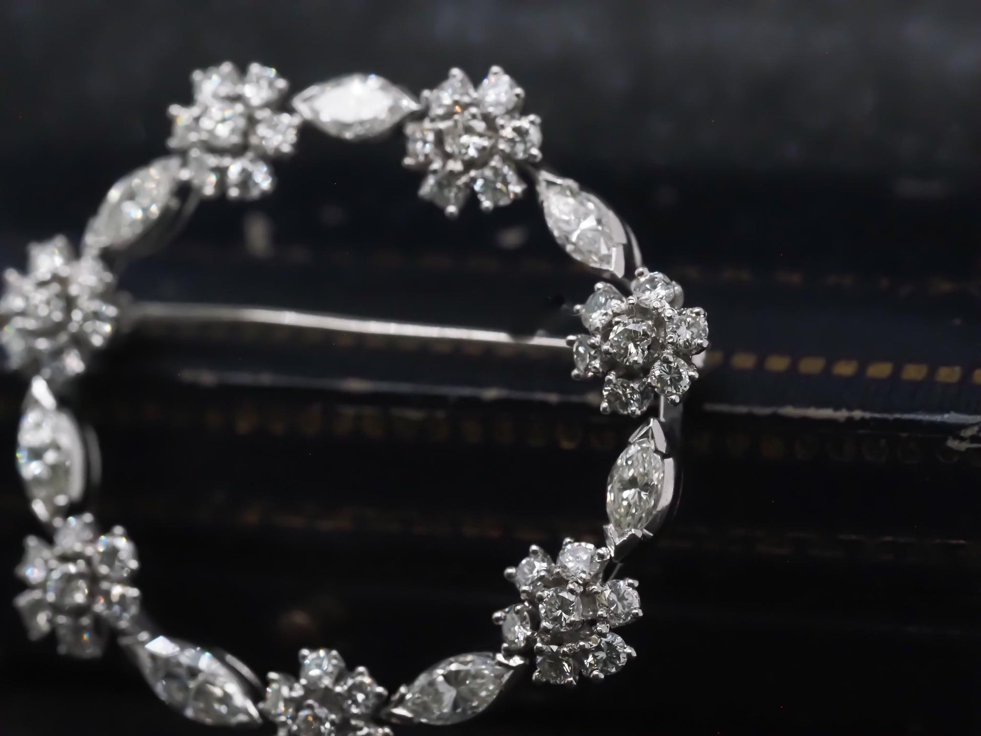 Estate Platinum Marquise and Round Diamond Circle Brooch - VHK#376a