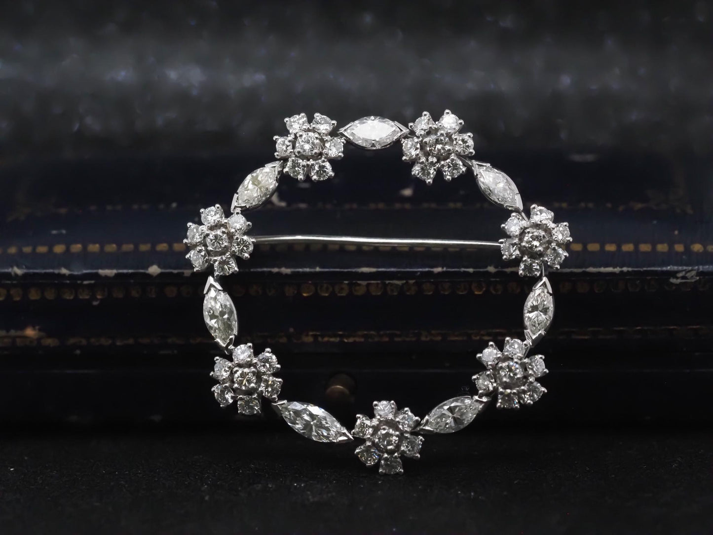 Estate Platinum Marquise and Round Diamond Circle Brooch - VHK#376a