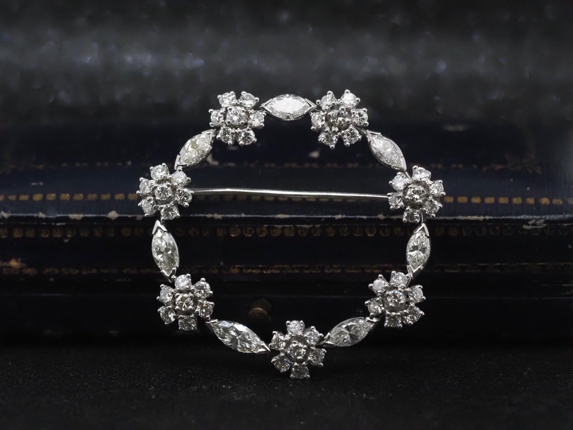 Estate Platinum Marquise and Round Diamond Circle Brooch - VHK#376a